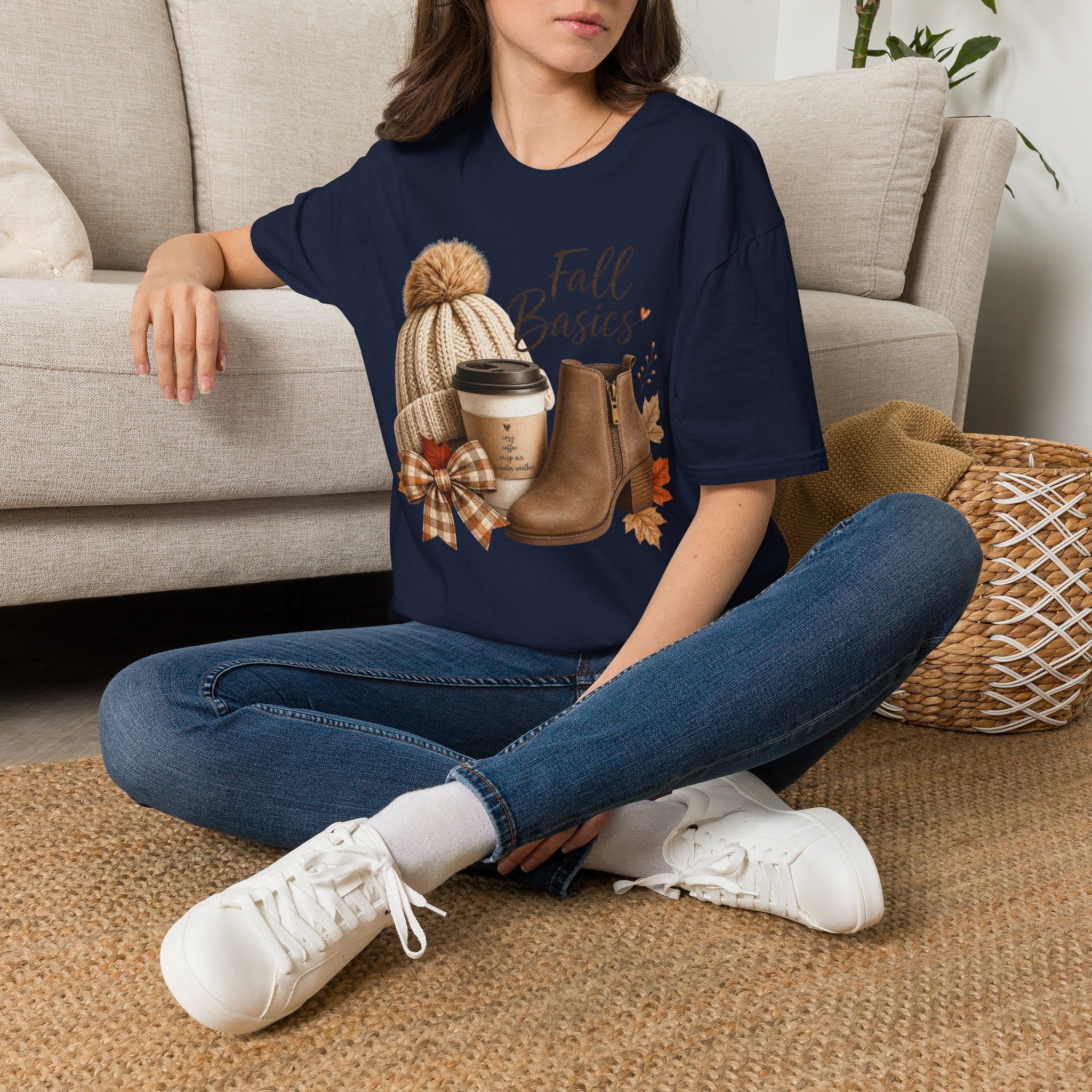 Fall Basics T-Shirt — Cozy Autumn Beanie, Coffee & Boots Tee
