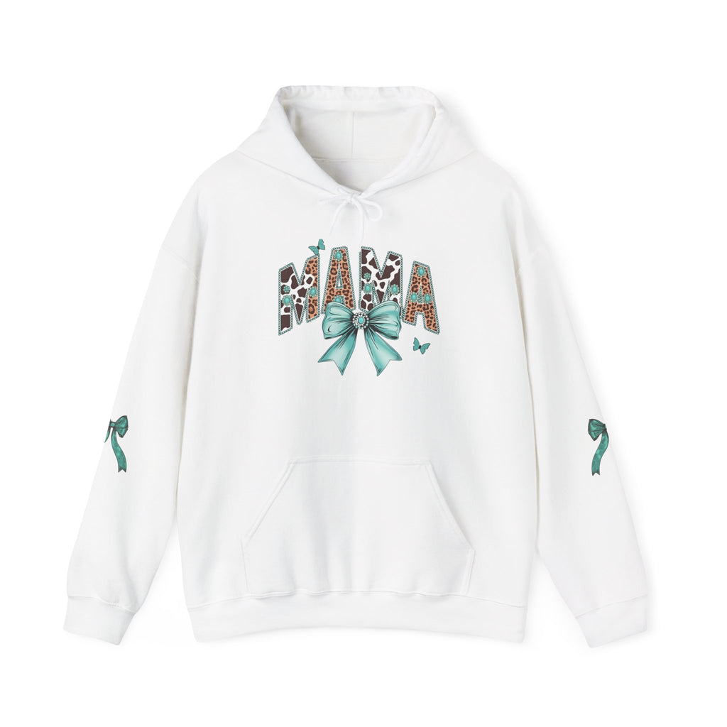 Mama Leopard Letters teal bow Hoodie | Cow print back panel, sleeve bows