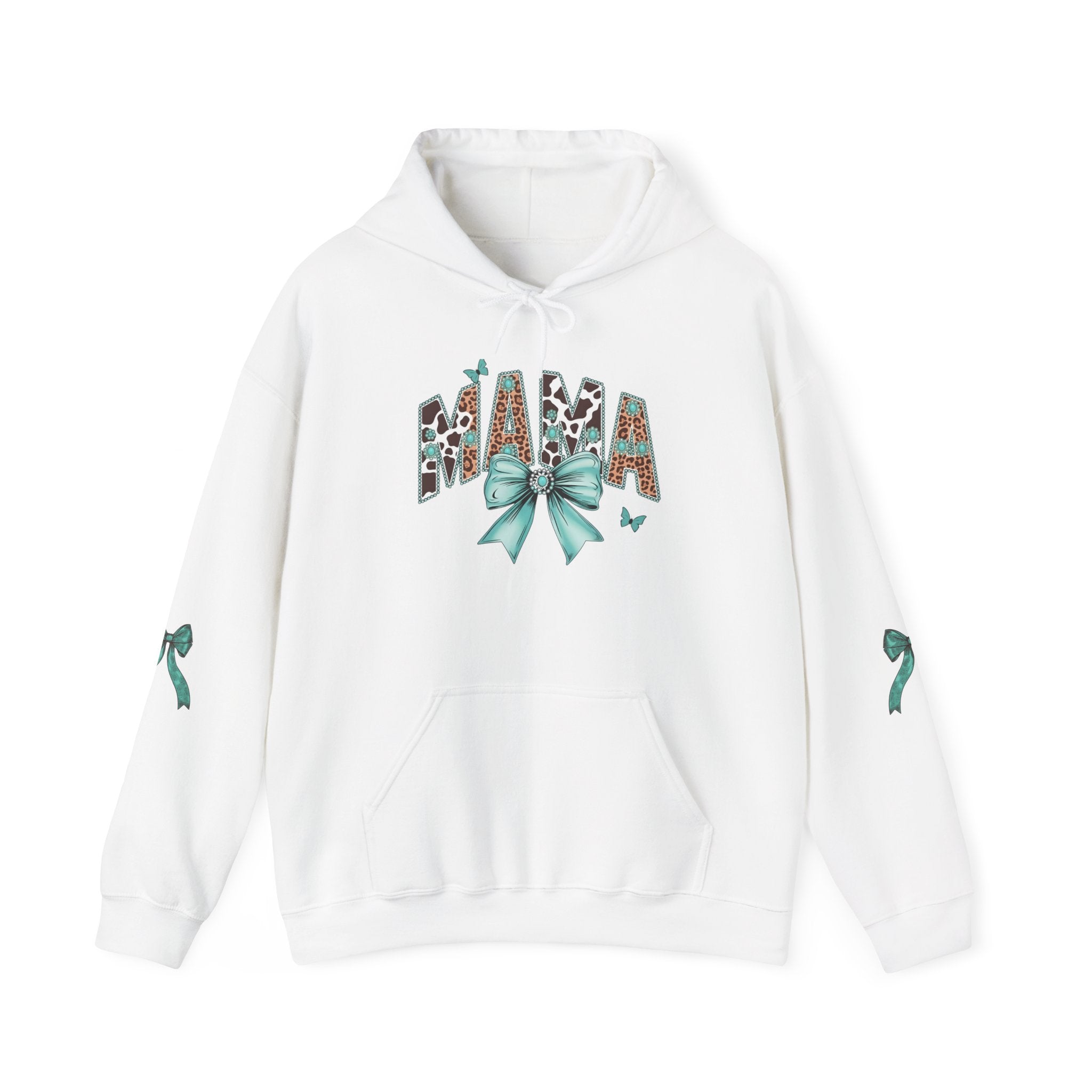 Mama Leopard Letters teal bow Hoodie | Cow print back panel, sleeve bows