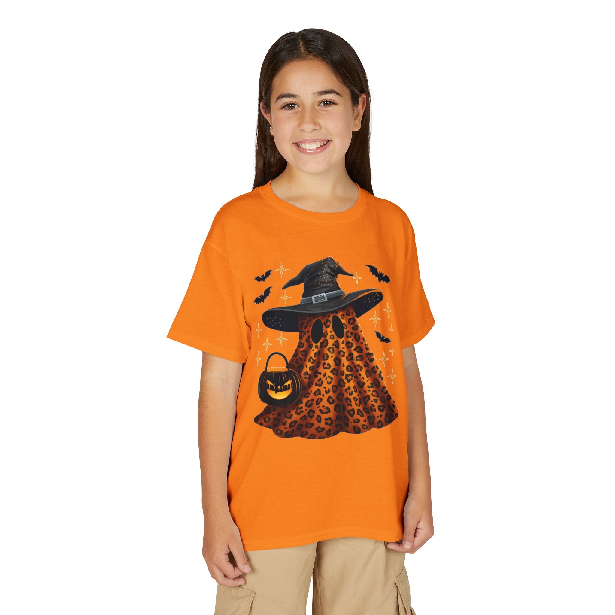 Youth T-Shirt — Leopard Witch Ghost Halloween Tee (Pumpkin Candy Bag, Bats)