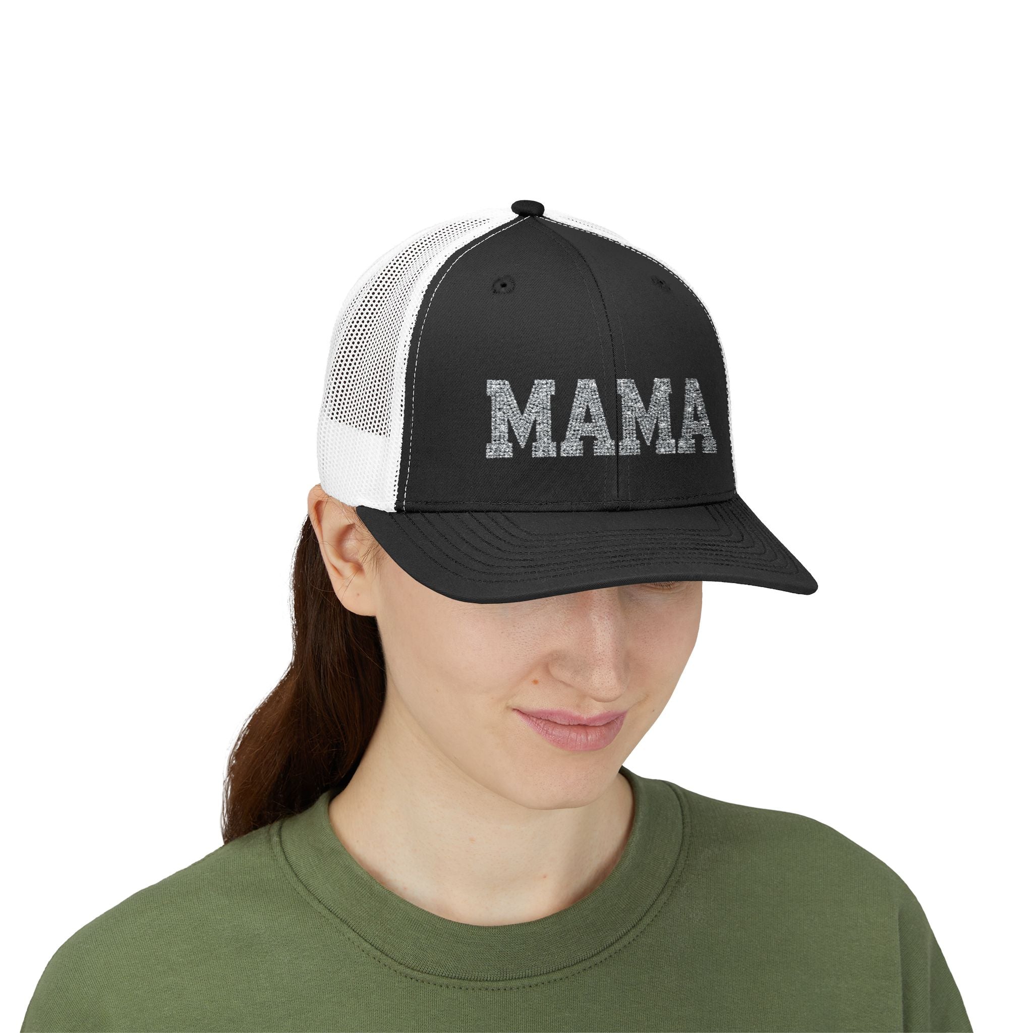 Mama Snapback Trucker Cap — Glitter Script "MAMA" Mesh Back Hat for Moms, Mother's Day Gift