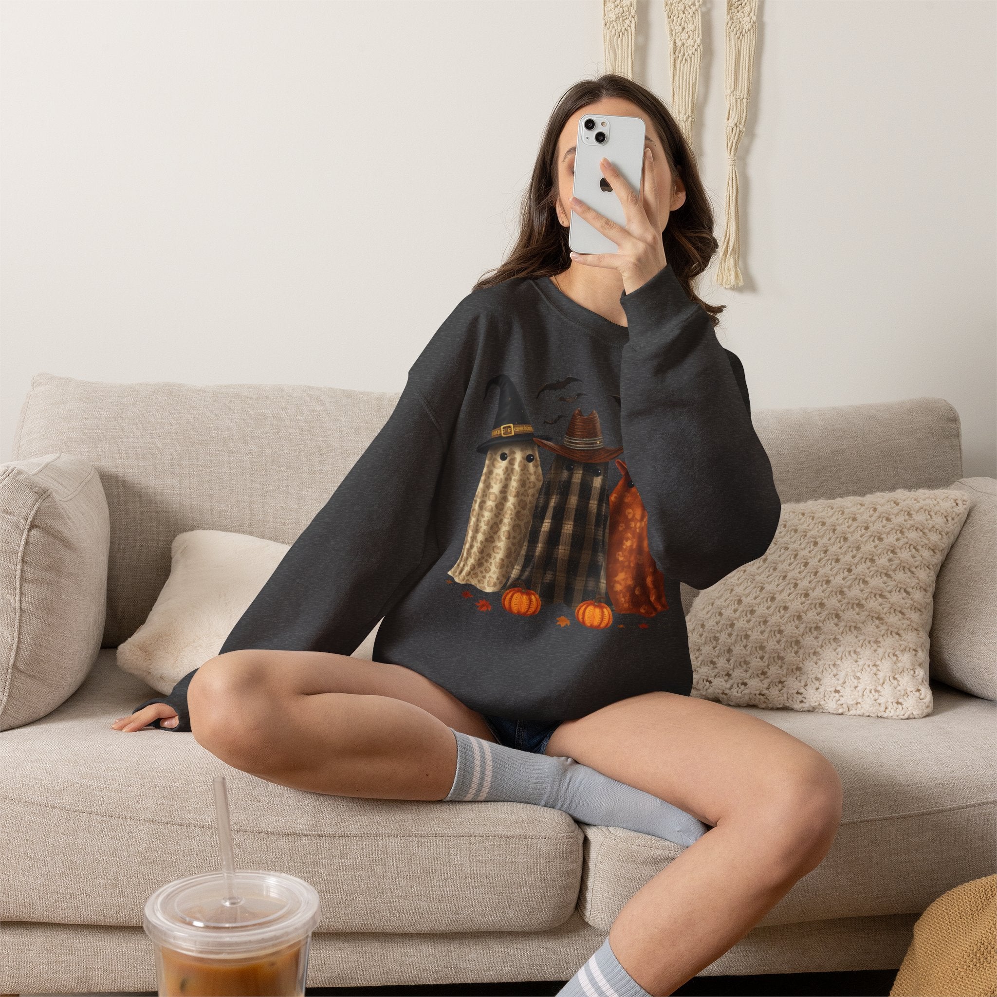 Halloween Witch Ghosts Crewneck Sweatshirt — Cozy Pumpkin & Bats Fall Graphic