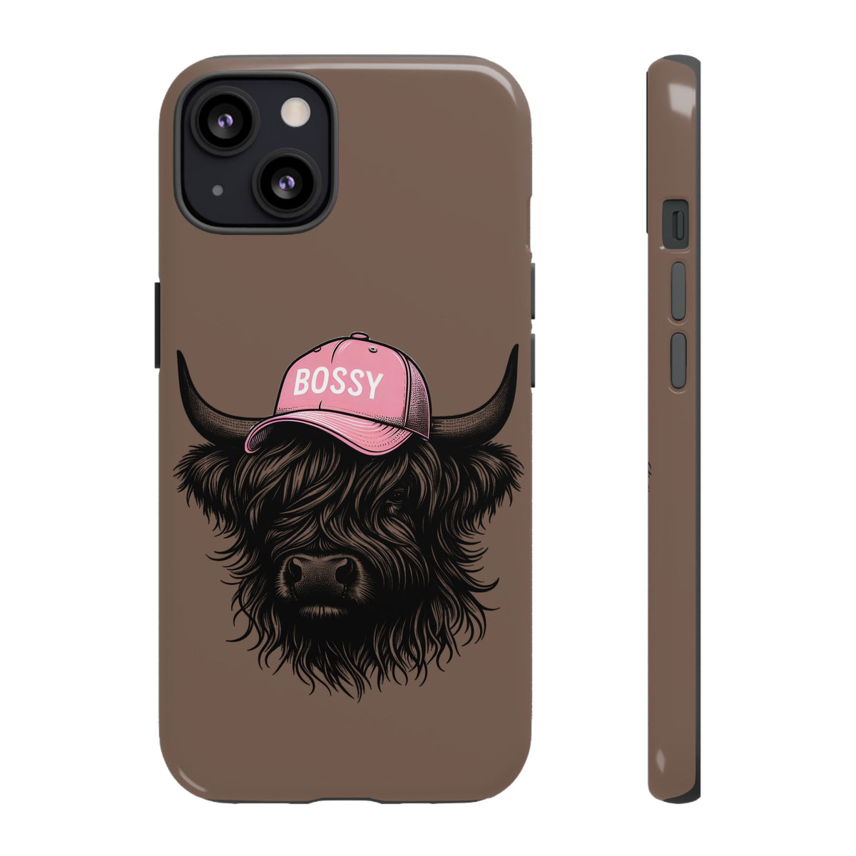 Phone Case — Highland Cow Wearing 'BOSSY' Pink Hat, Cute Farm Animal Protective Cover