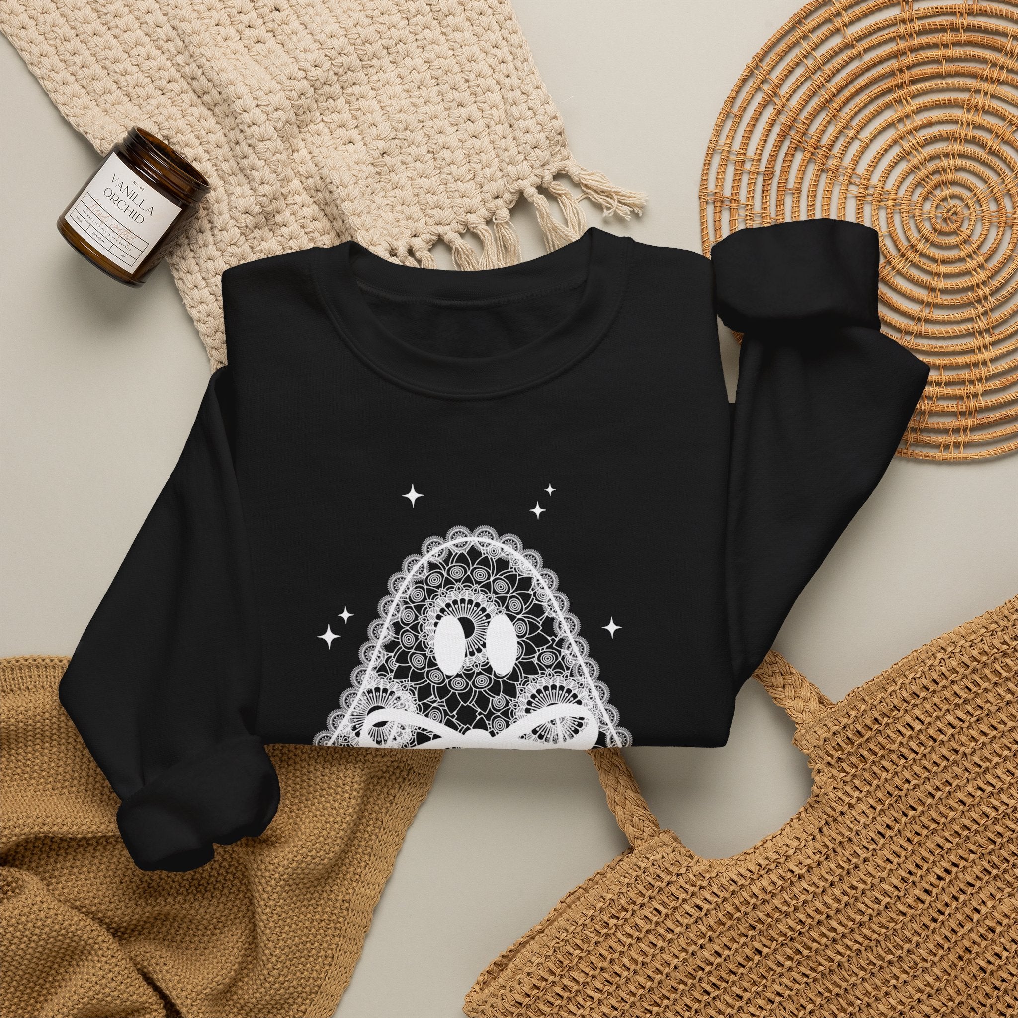 Crewneck Sweatshirt — Lace Ghost Illustration Cozy Halloween Pullover