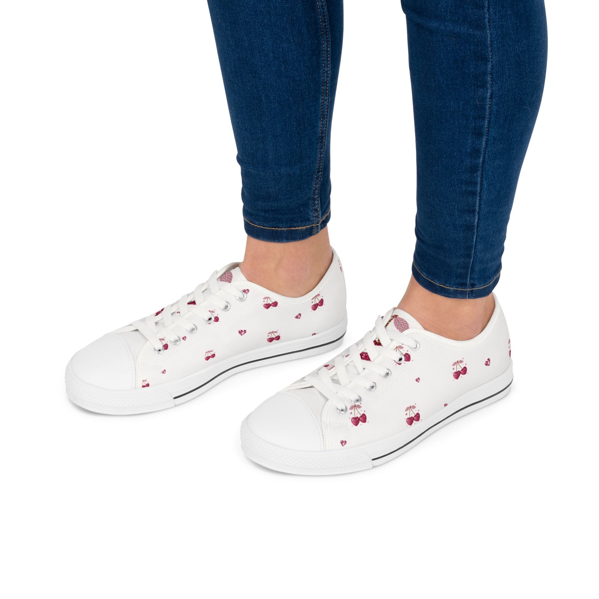 Tiny Cherry Pattern Women's Low Top Sneakers | Cute Fruit Print Canvas