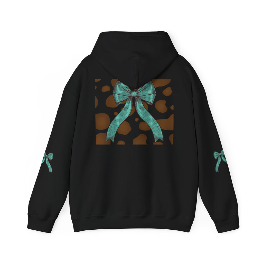 Mama Leopard Letters teal bow Hoodie | Cow print back panel, sleeve bows