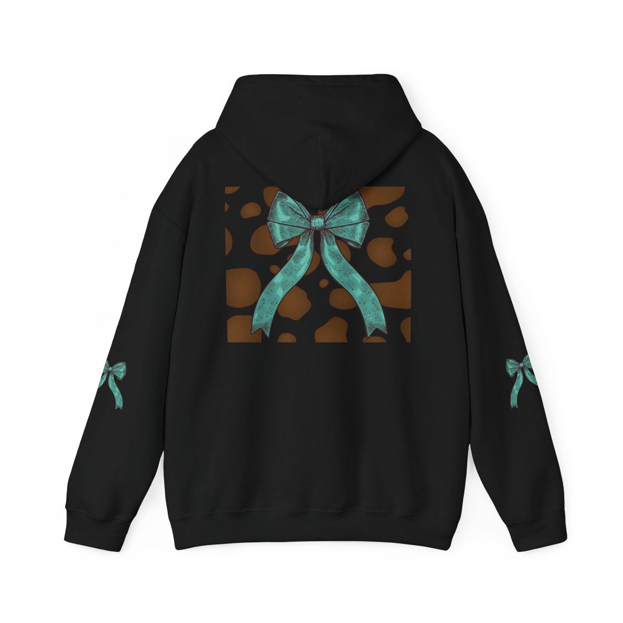 Mama Leopard Letters teal bow Hoodie | Cow print back panel, sleeve bows