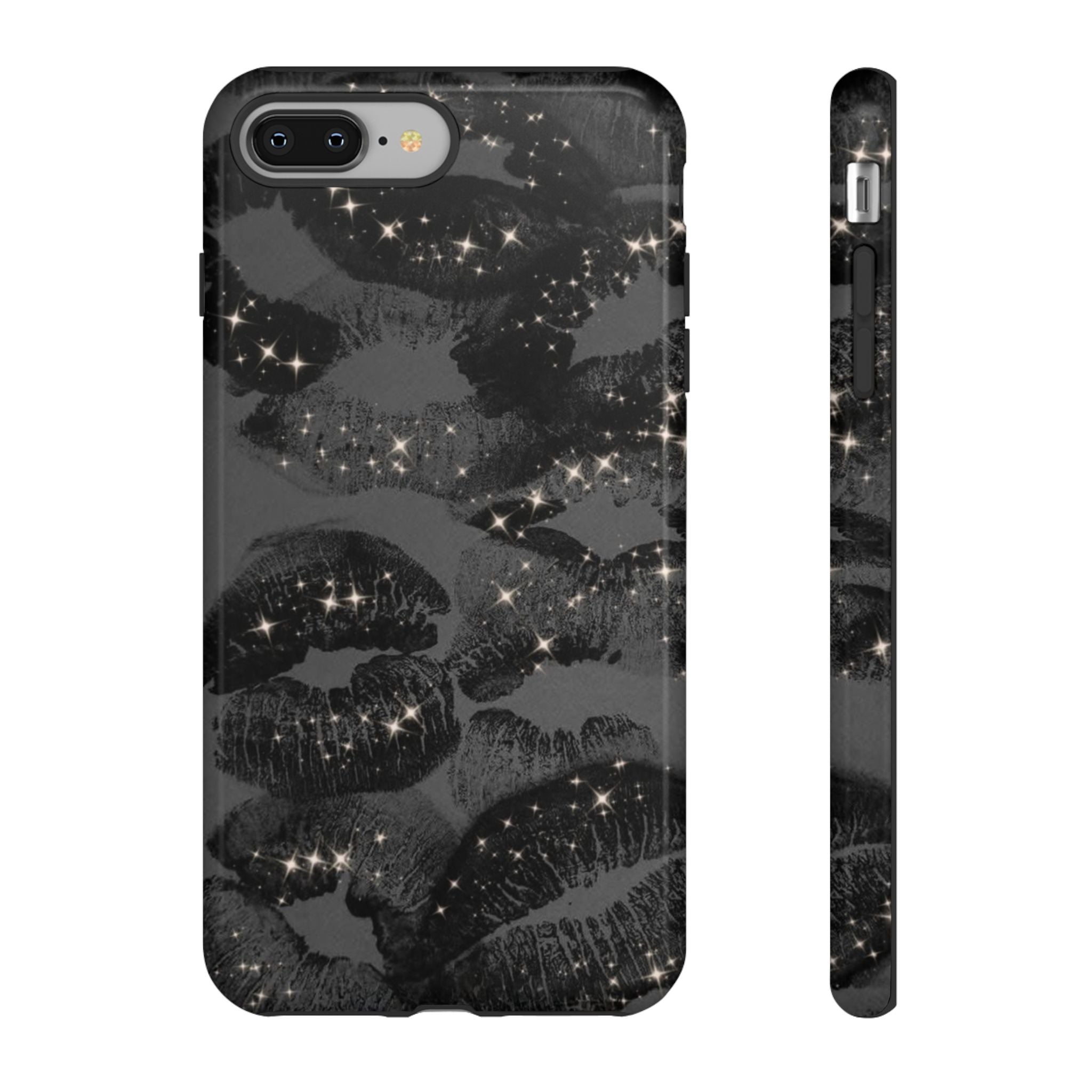Black Glitter Kiss Phone Case — Sparkling Lip Print Protective Cover