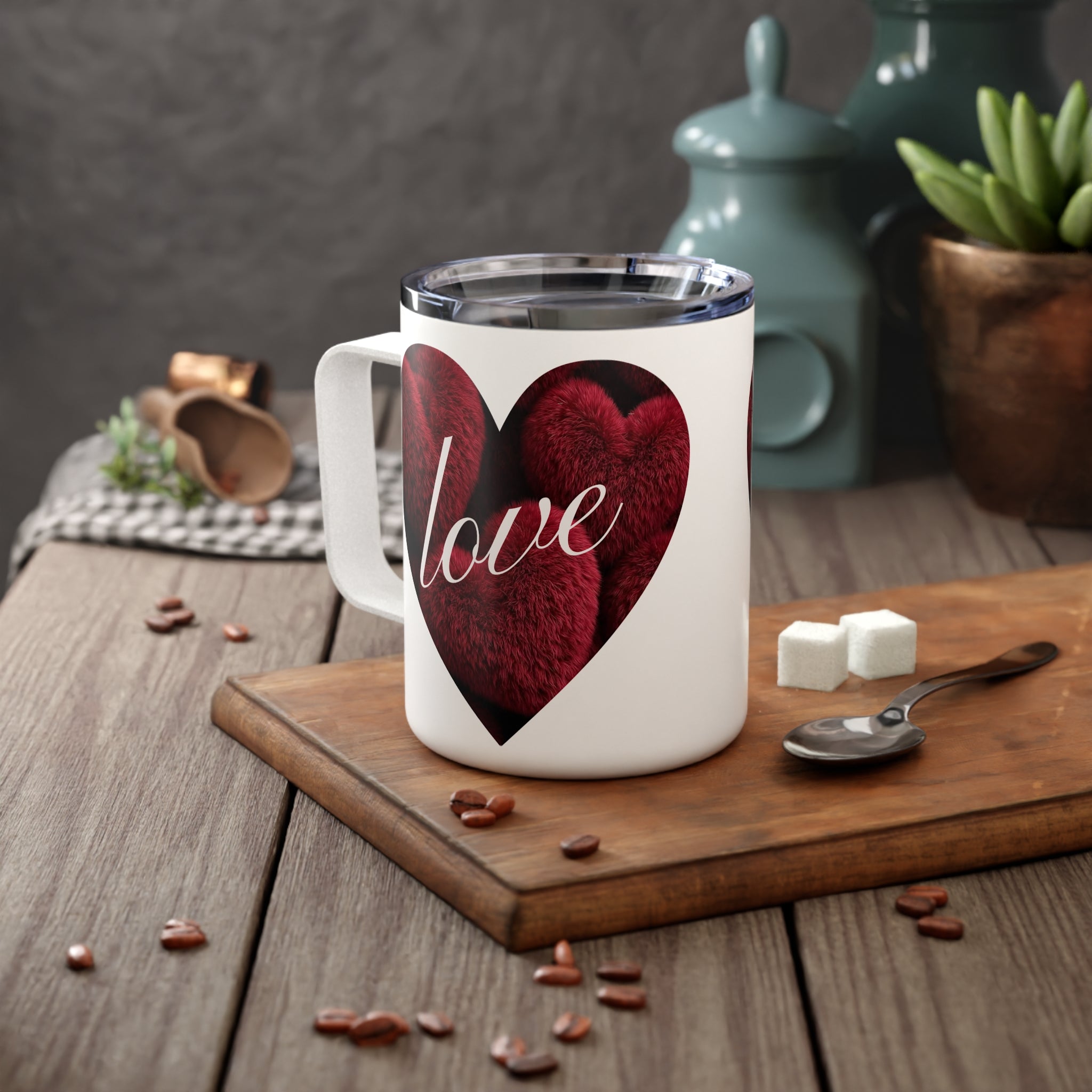 Red Fuzzy Heart love Insulated Coffee Mug | 10oz Travel Mug