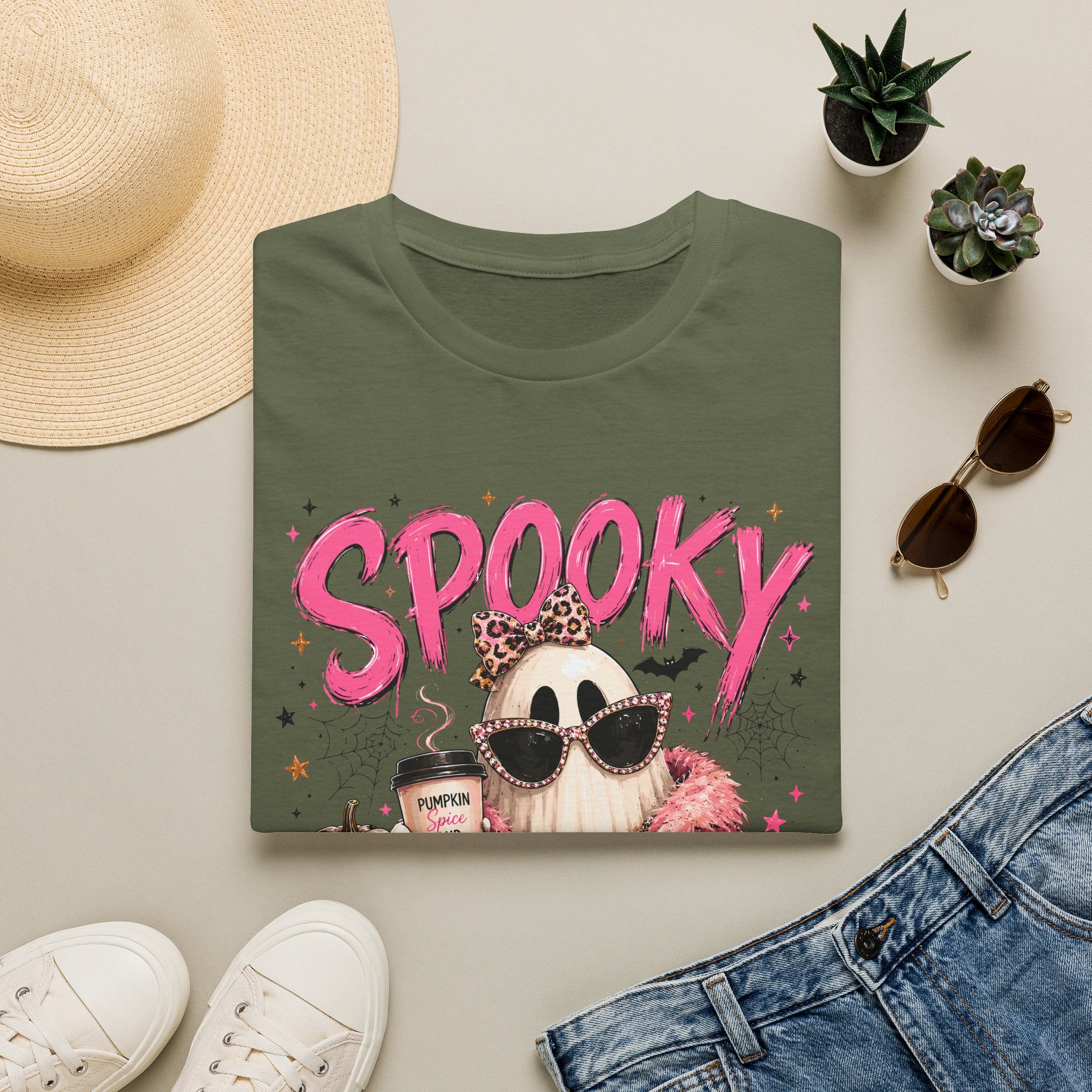 Spooky Glam T-Shirt — Cute Pink Ghost with Sunglasses & Pumpkin Latte