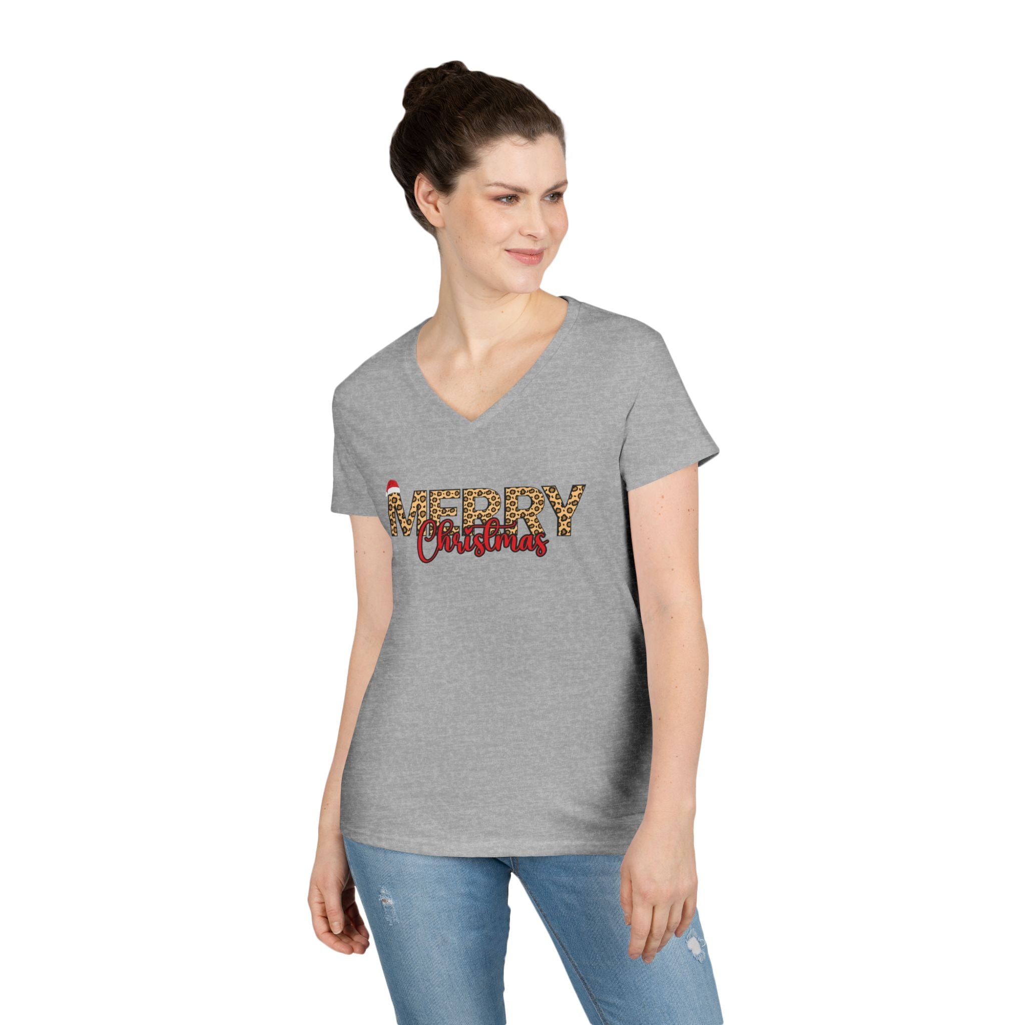 Merry Christmas Leopard Print V-Neck Tee
