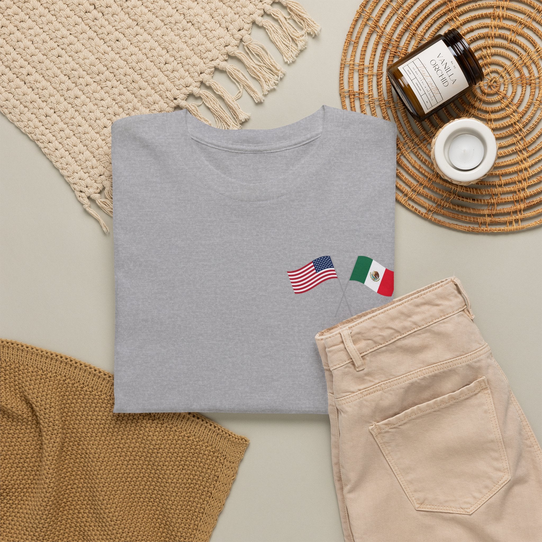 American & Italian Flag Tee with Vintage Rose Back — Patriotic Floral T-Shirt