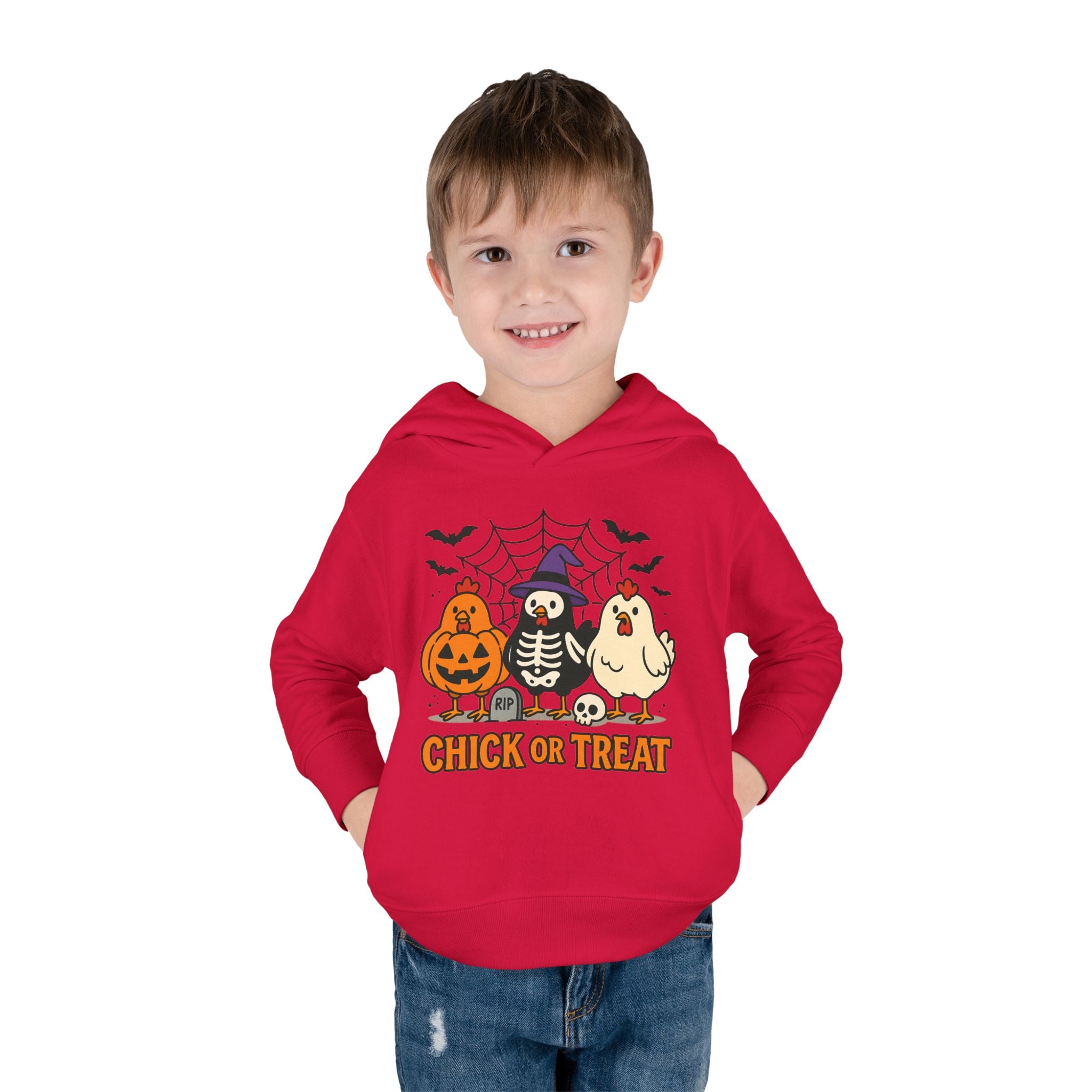 Toddler Halloween Pullover Hoodie – "Chick or Treat" Pumpkin Skeleton Chicken Kids Fleece
