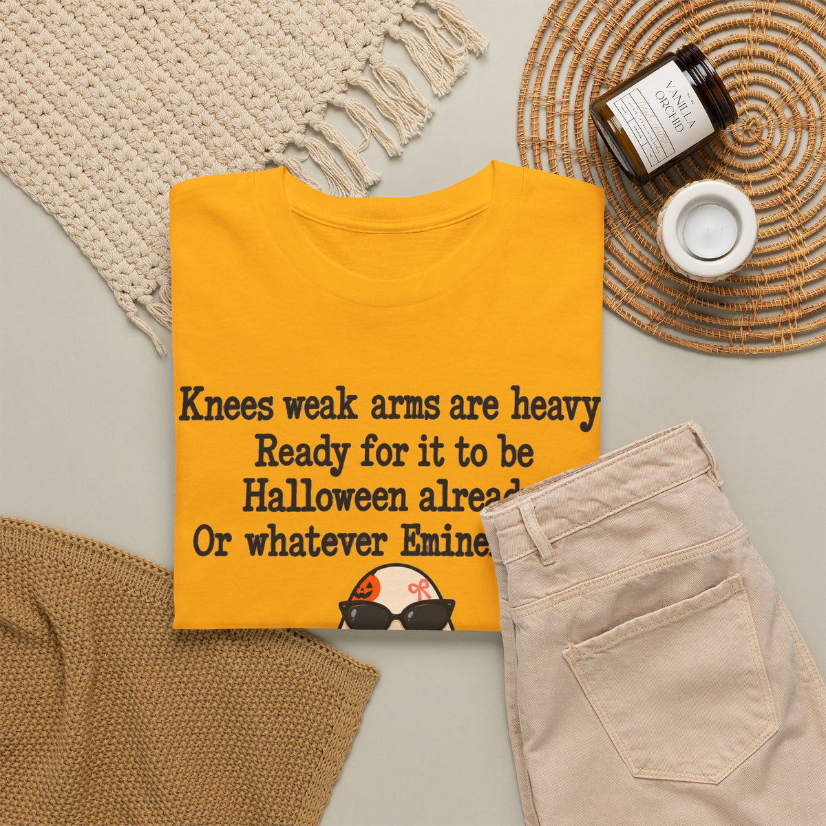 Funny Halloween Ghost T-Shirt — "Knees weak arms are heavy. Ready for it to be Halloween already. Or whatever Slim said."