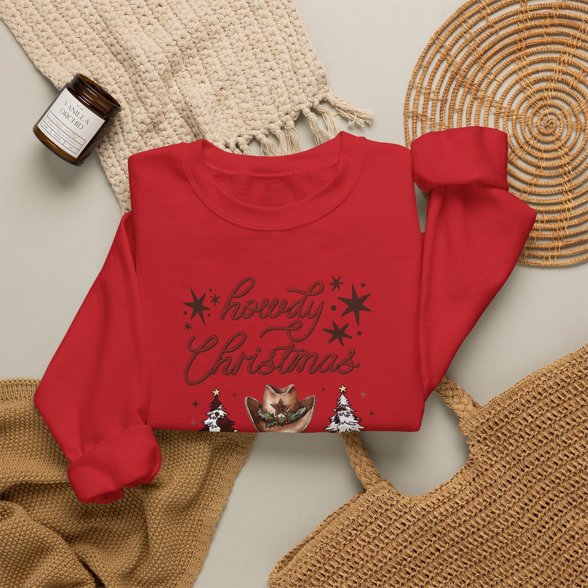 Howdy Christmas Sweatshirt — Western Cowboy Holiday Crewneck with Boots & Trees