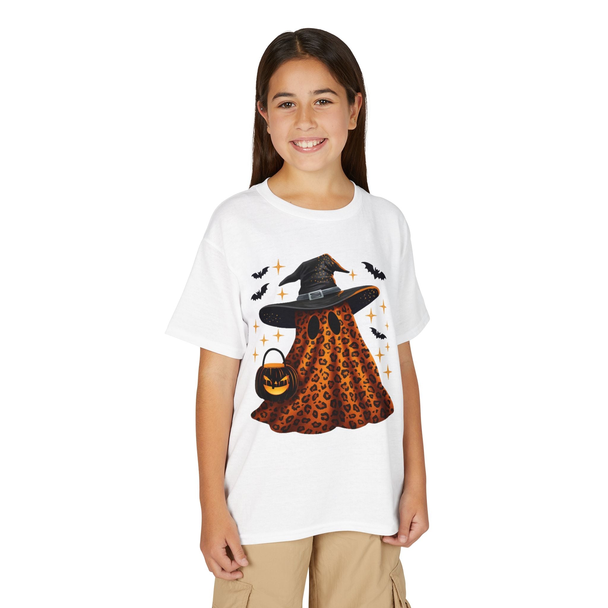 Youth T-Shirt — Leopard Witch Ghost Halloween Tee (Pumpkin Candy Bag, Bats)