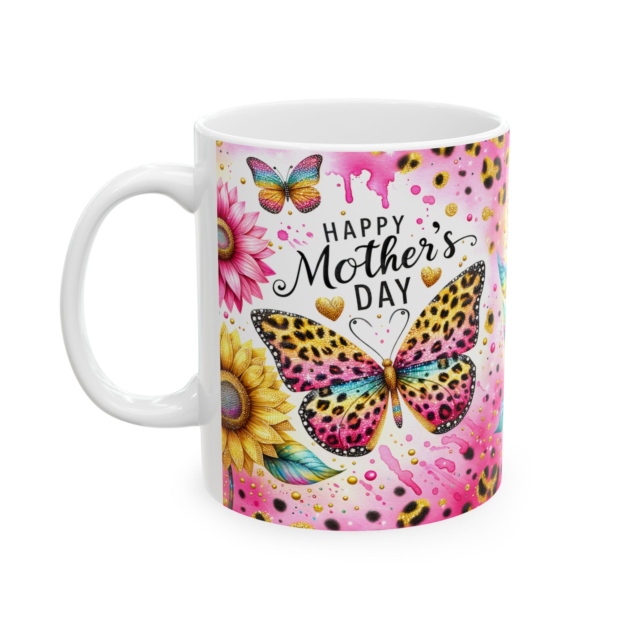 Sunflower & Leopard Print Mother's Day Ceramic Mug — Floral Butterfly Coffee Cup (11oz/15oz)