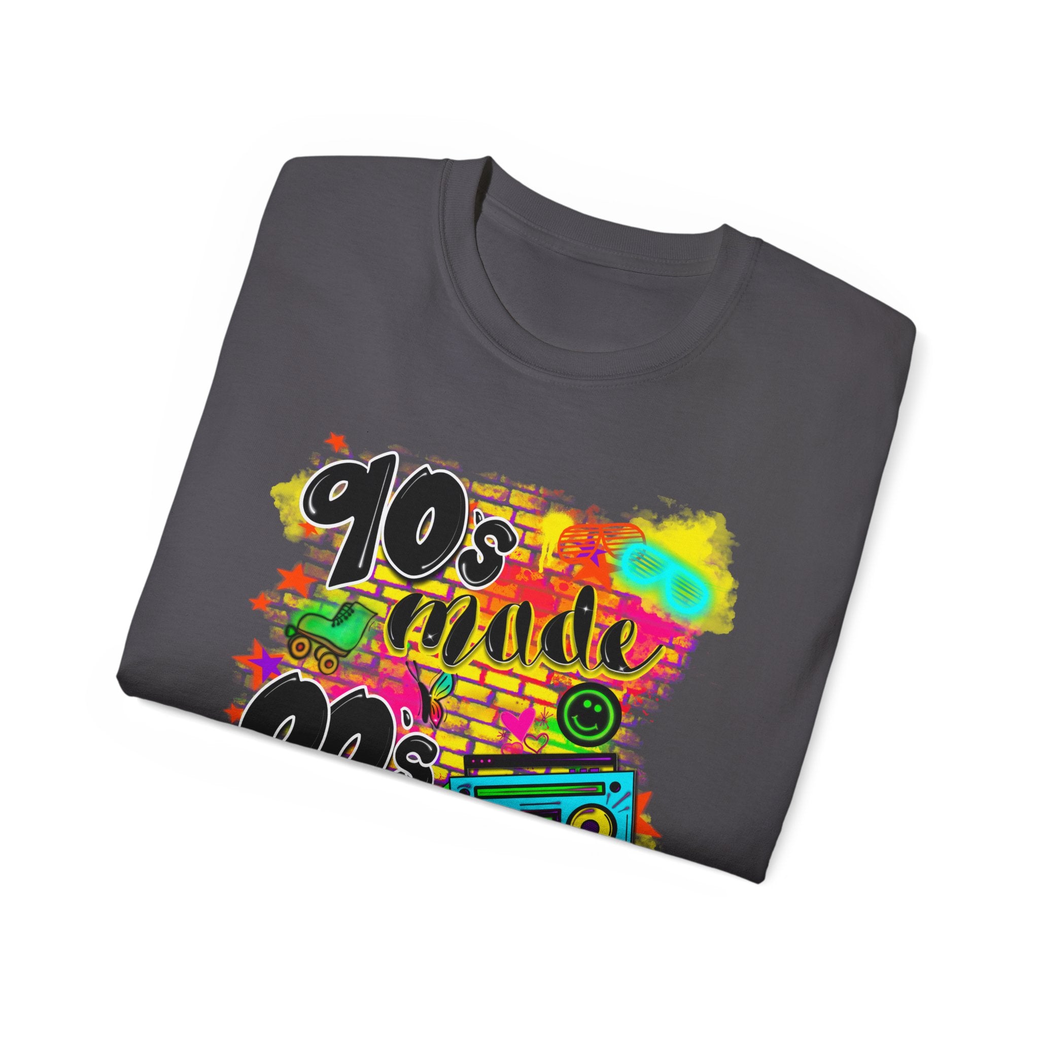 90s Made 00s Raised T-Shirt — Neon Retro Boombox Graphic Tee
