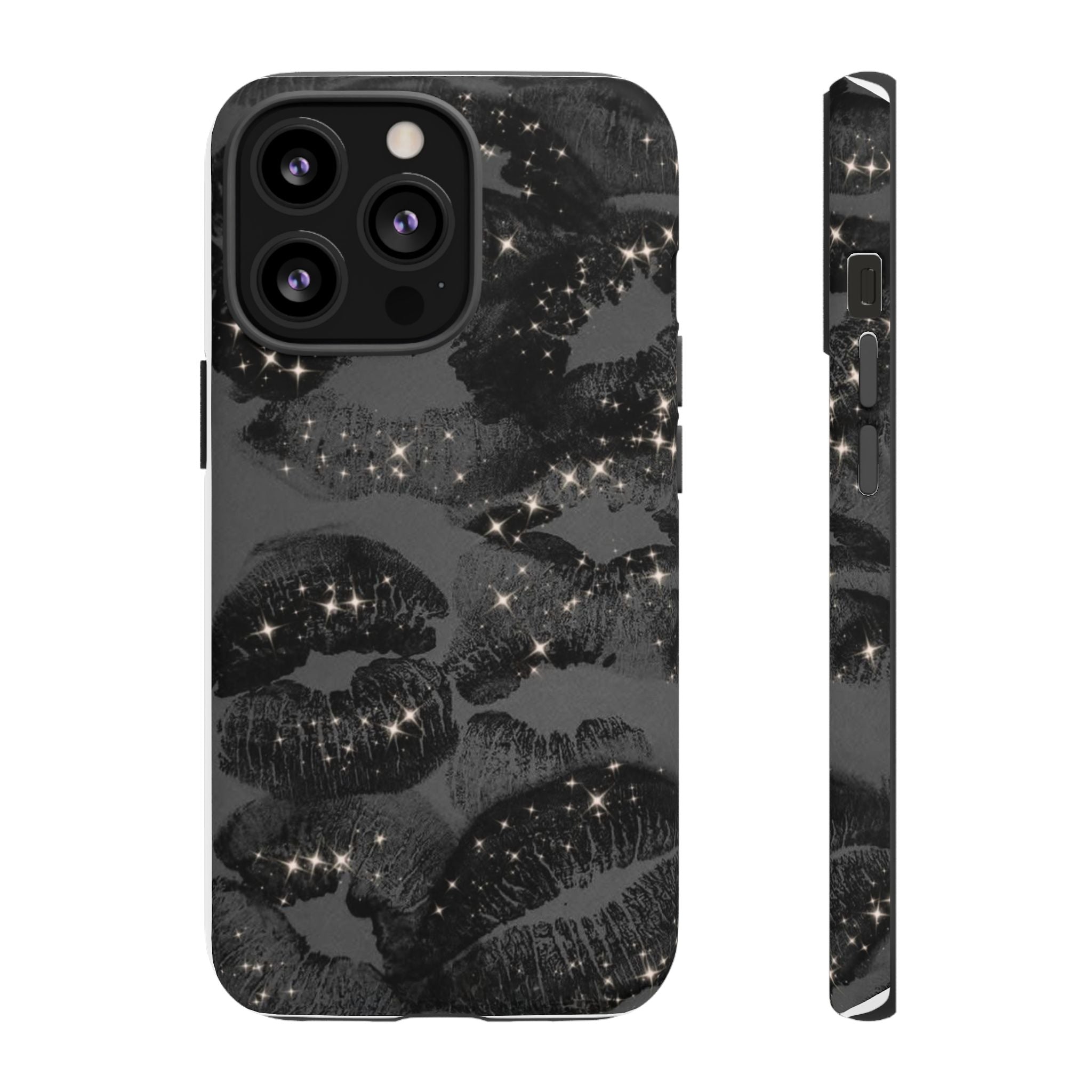 Black Glitter Kiss Phone Case — Sparkling Lip Print Protective Cover