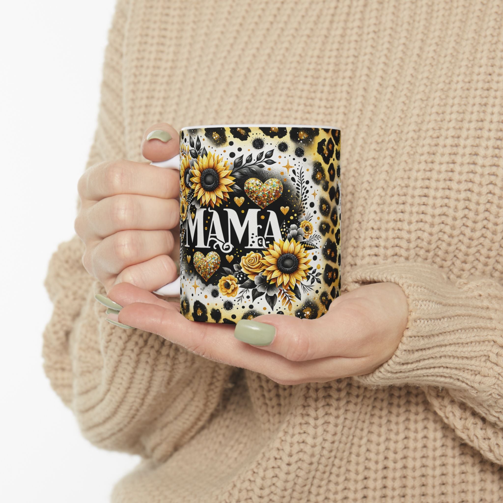 Sunflower Leopard 'Mama' Ceramic Mug — Floral Animal Print Coffee Cup (11oz & 15oz)