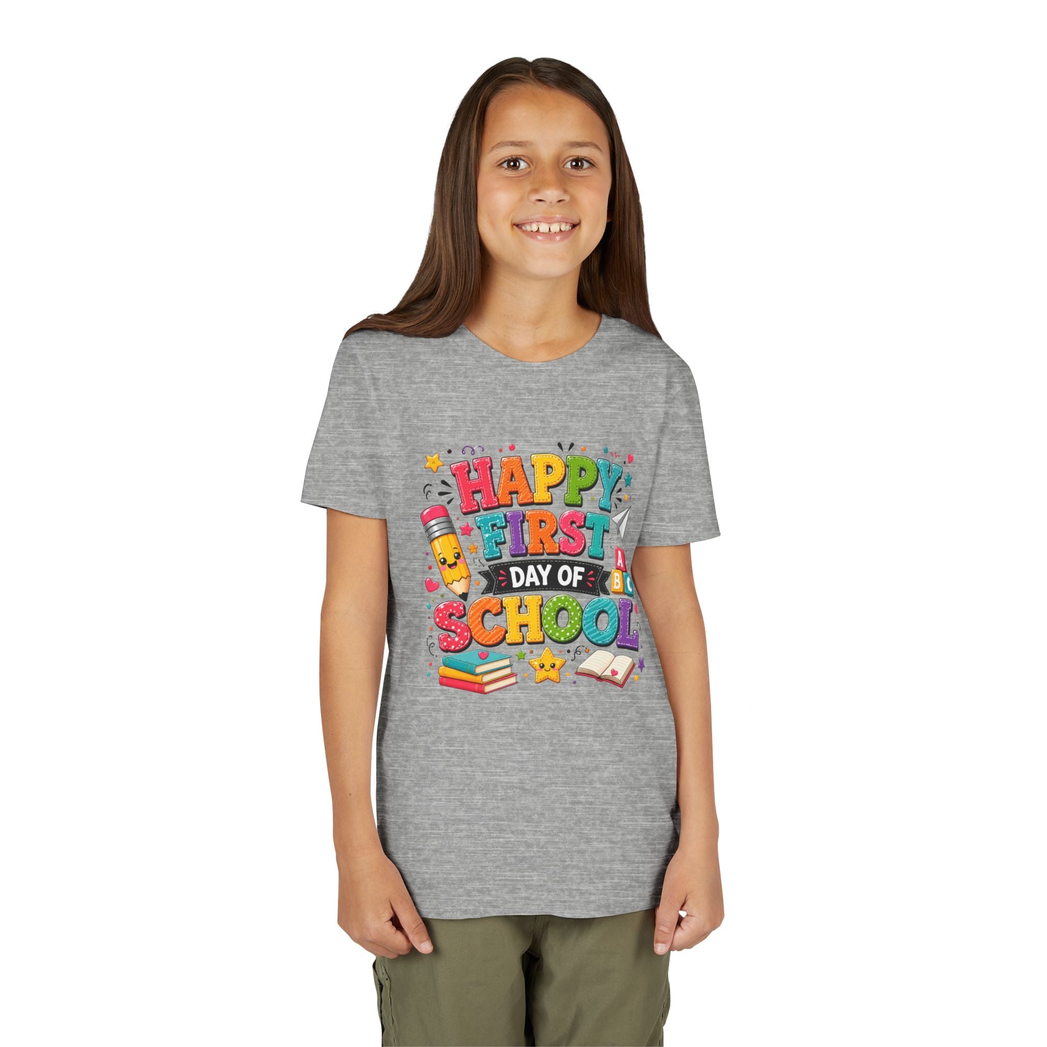Youth Tee — "Happy First Day of School" Back-to-School Graphic Shirt