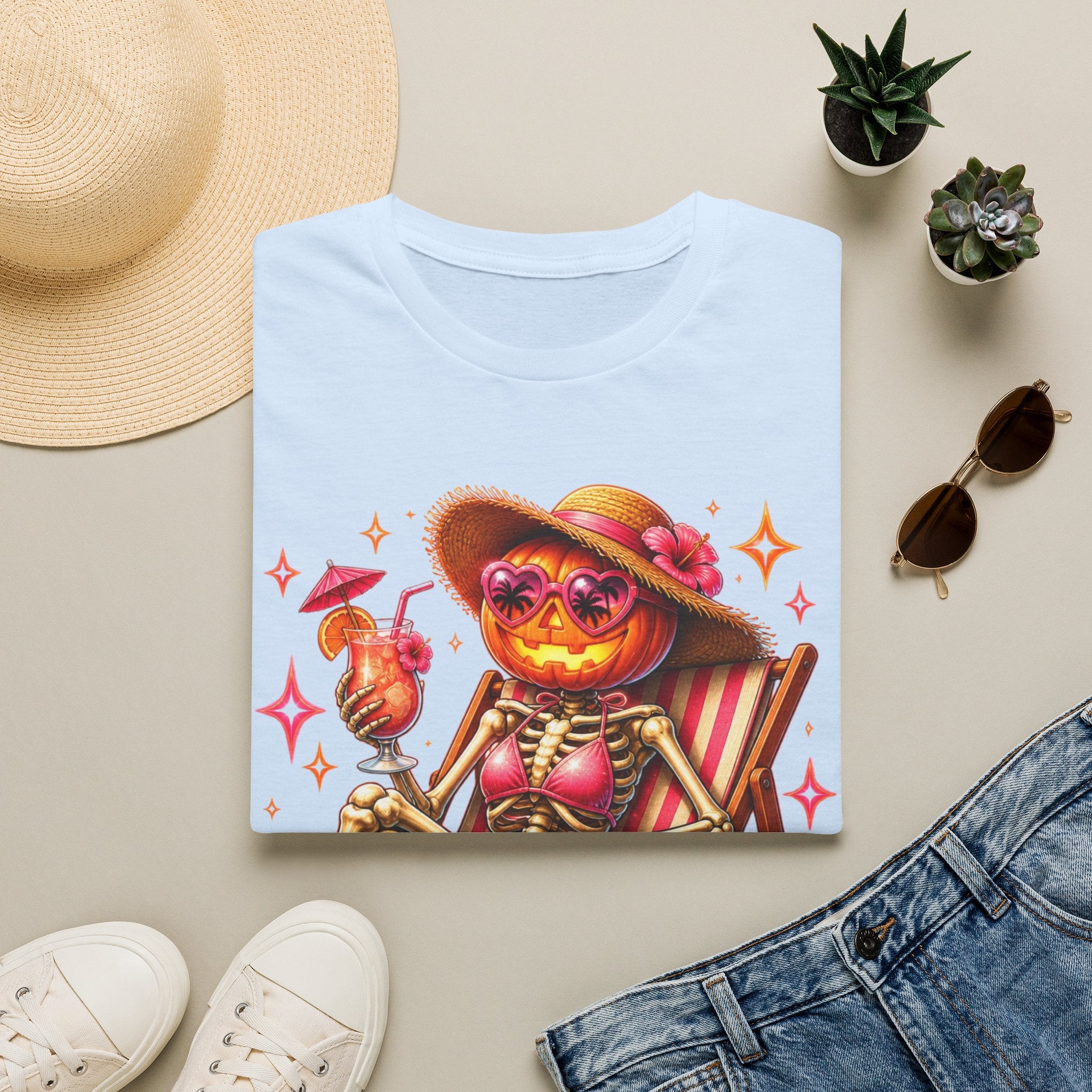 Summerween Vibes T-Shirt — Pumpkin Skeleton Beach Tee