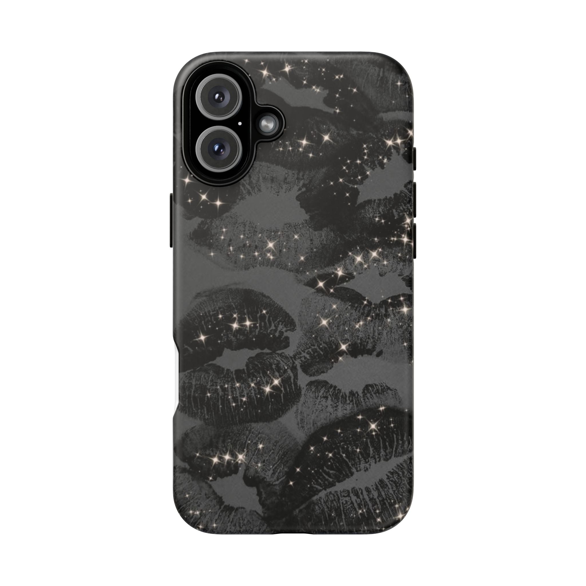 Black Glitter Kiss Phone Case — Sparkling Lip Print Protective Cover
