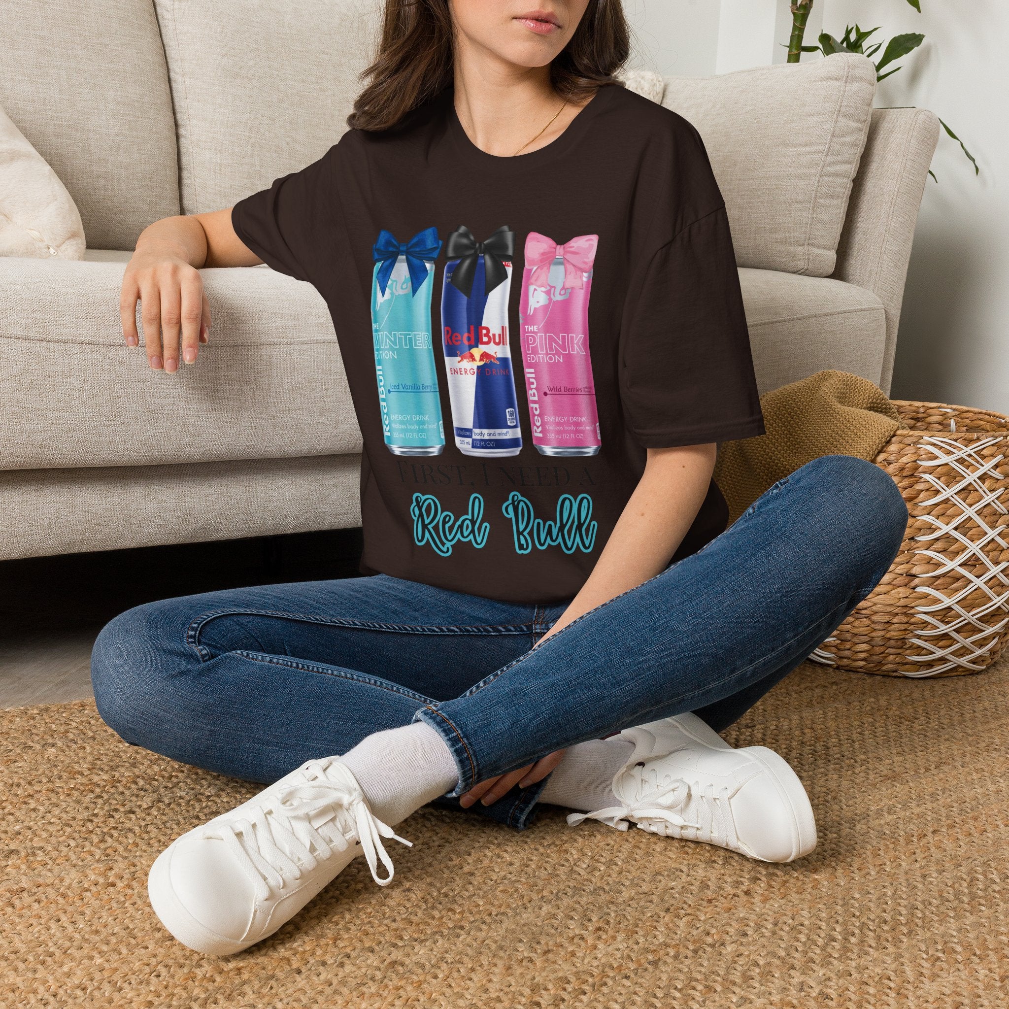 Red Bull Cans Graphic T-Shirt — “First I Need Red Bull” Energy Drink Tee