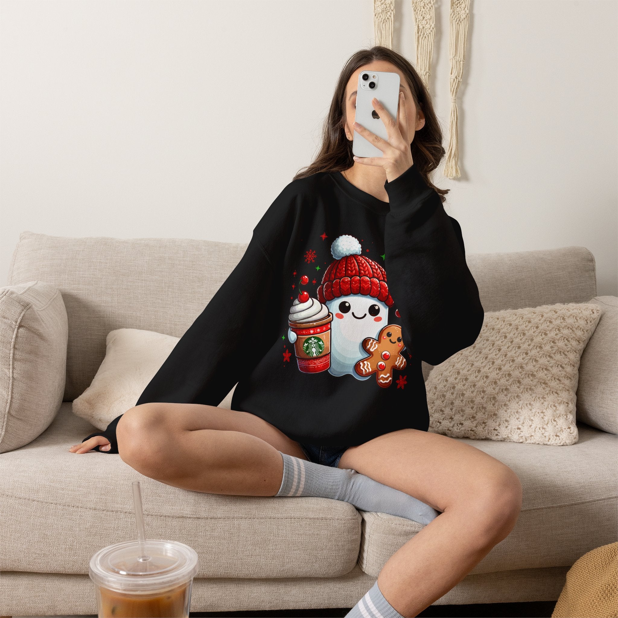 Holiday Marshmallow Character Sweatshirt — Cute Snowman with Gingerbread & Hot Cocoa