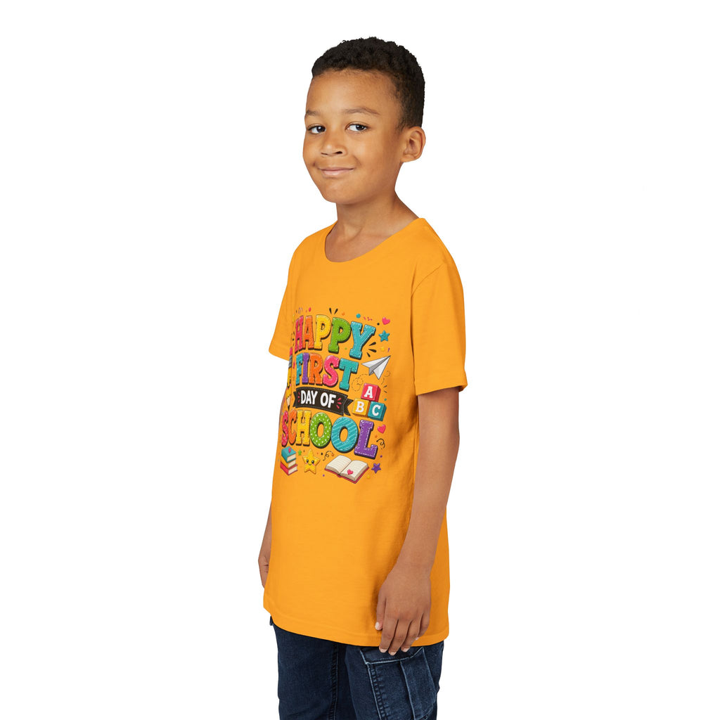 Youth Tee — "Happy First Day of School" Back-to-School Graphic Shirt