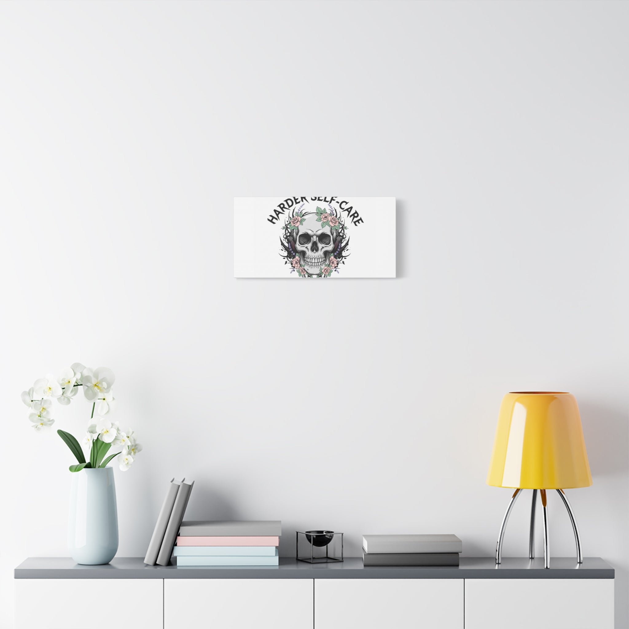 Harder Self-Care Skull Canvas | Heavy Metal Wellness, gothic wellness quote