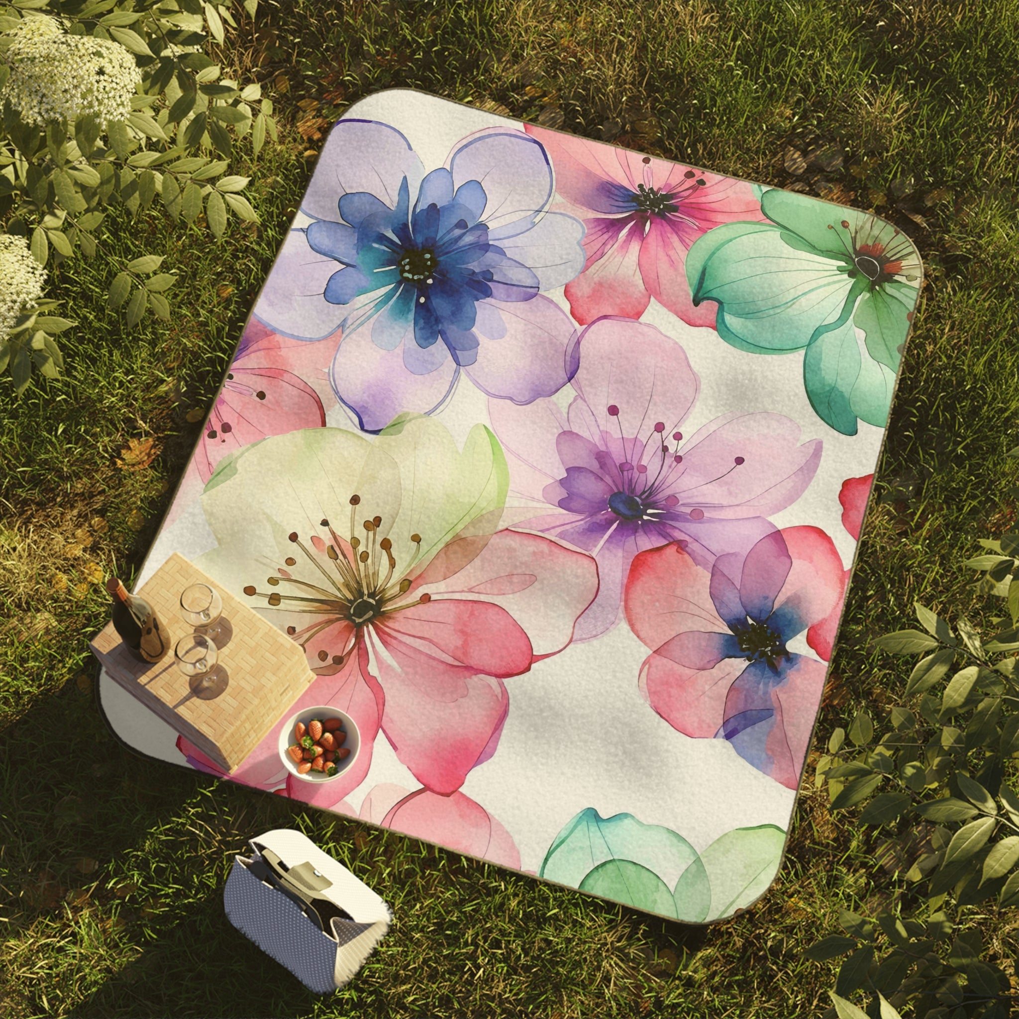 Watercolor Floral Picnic Blanket — Foldable Outdoor Blanket with Pastel Blossom Print