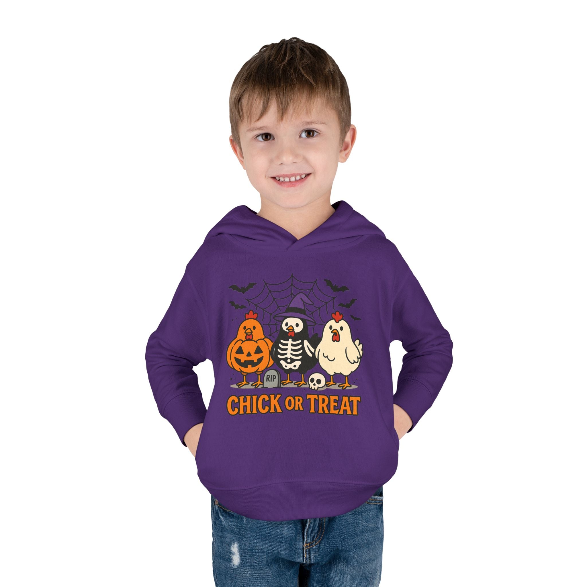 Toddler Halloween Pullover Hoodie – "Chick or Treat" Pumpkin Skeleton Chicken Kids Fleece