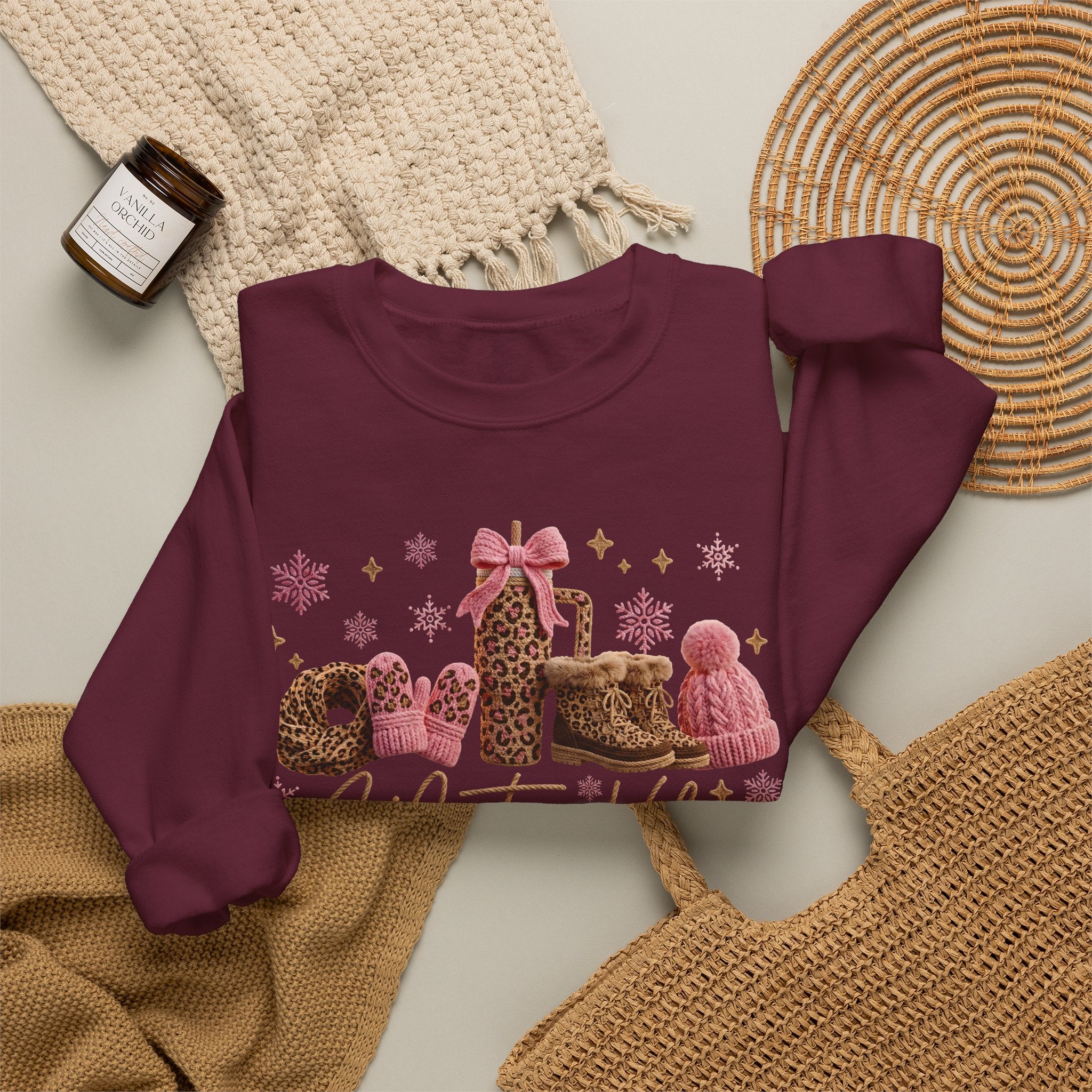 Crewneck Sweatshirt — 'Winter Vibes' Cozy Leopard Print Holiday Design