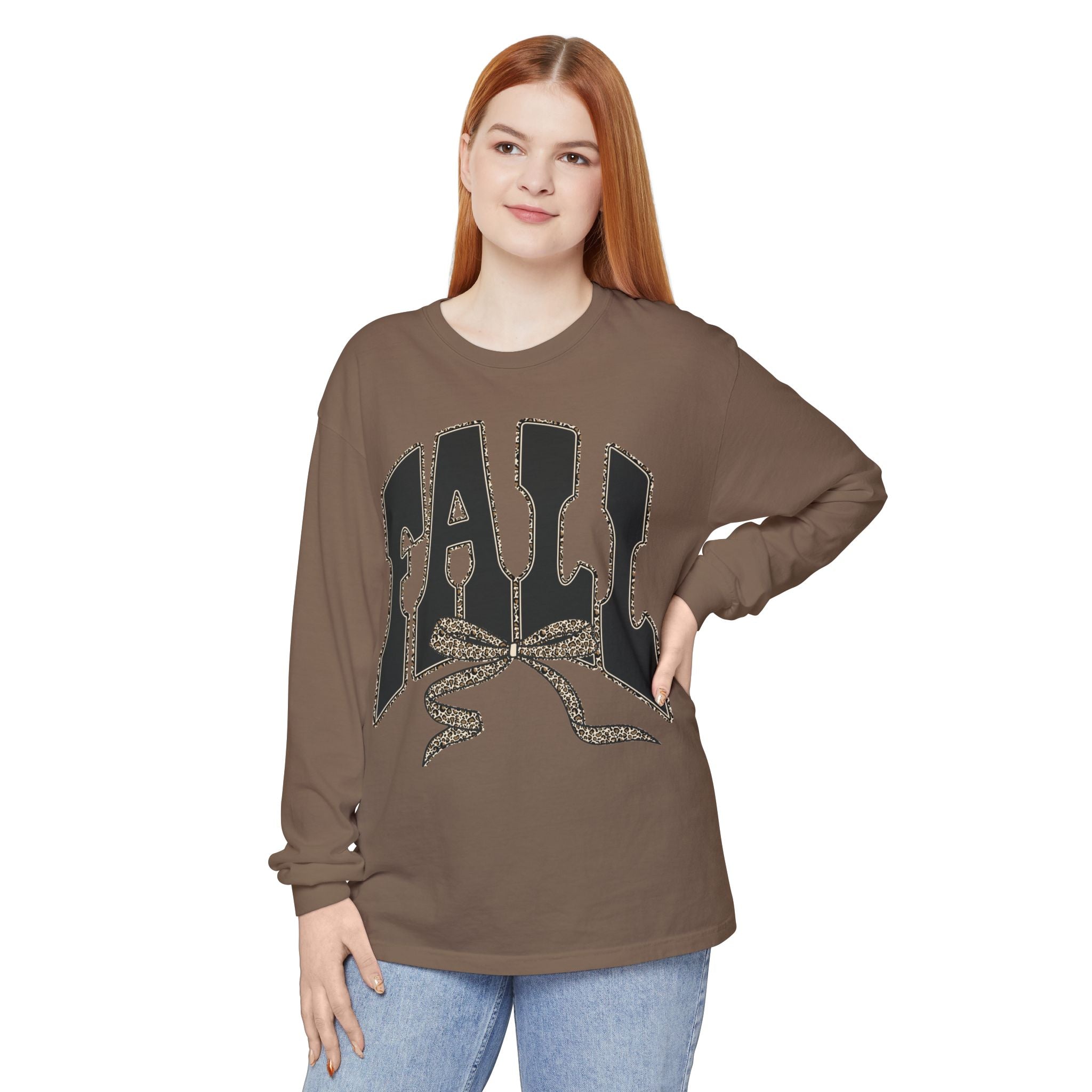 Fall Bow Long Sleeve Tee — 'FALL' Graphic Garment-Dyed Shirt