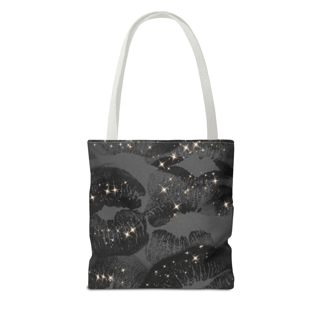 Glitter Kiss Print Tote Bag | Black Lipstick Pattern, Sparkle All-Over