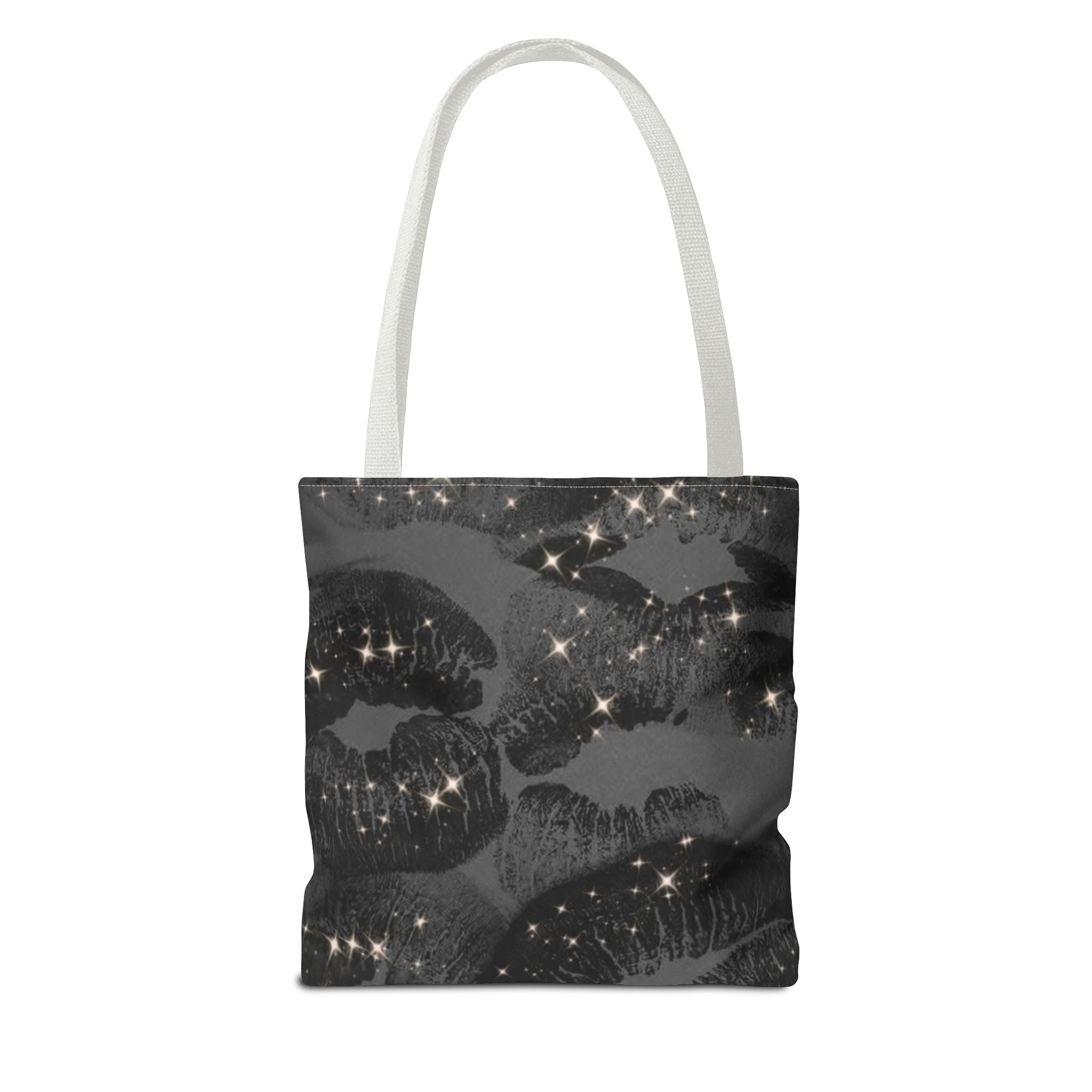Glitter Kiss Print Tote Bag | Black Lipstick Pattern, Sparkle All-Over