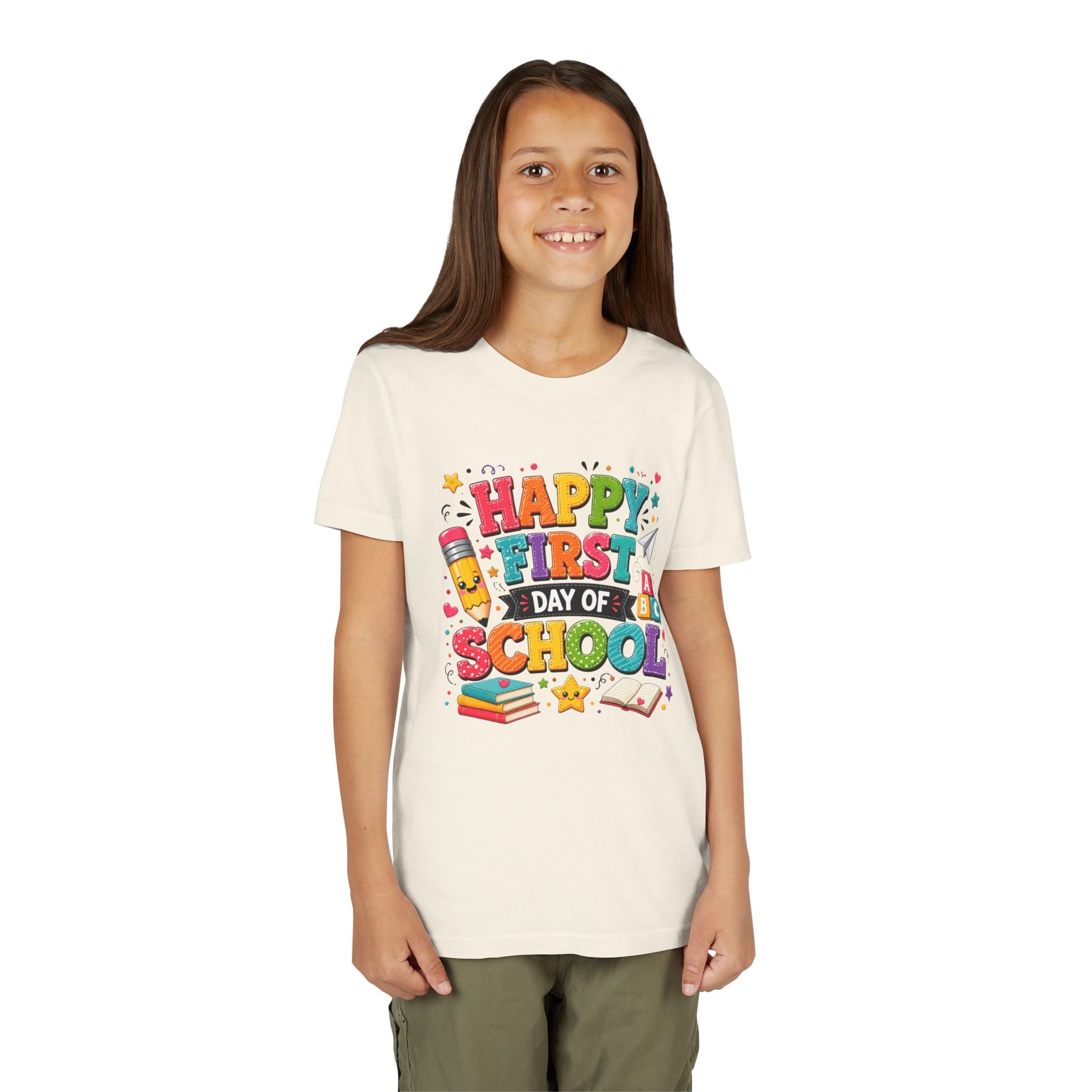 Youth Tee — "Happy First Day of School" Back-to-School Graphic Shirt
