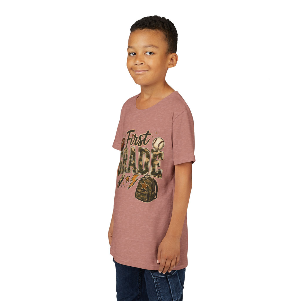 First Grade Kids T‑Shirt — Back to School Sports Backpack Design