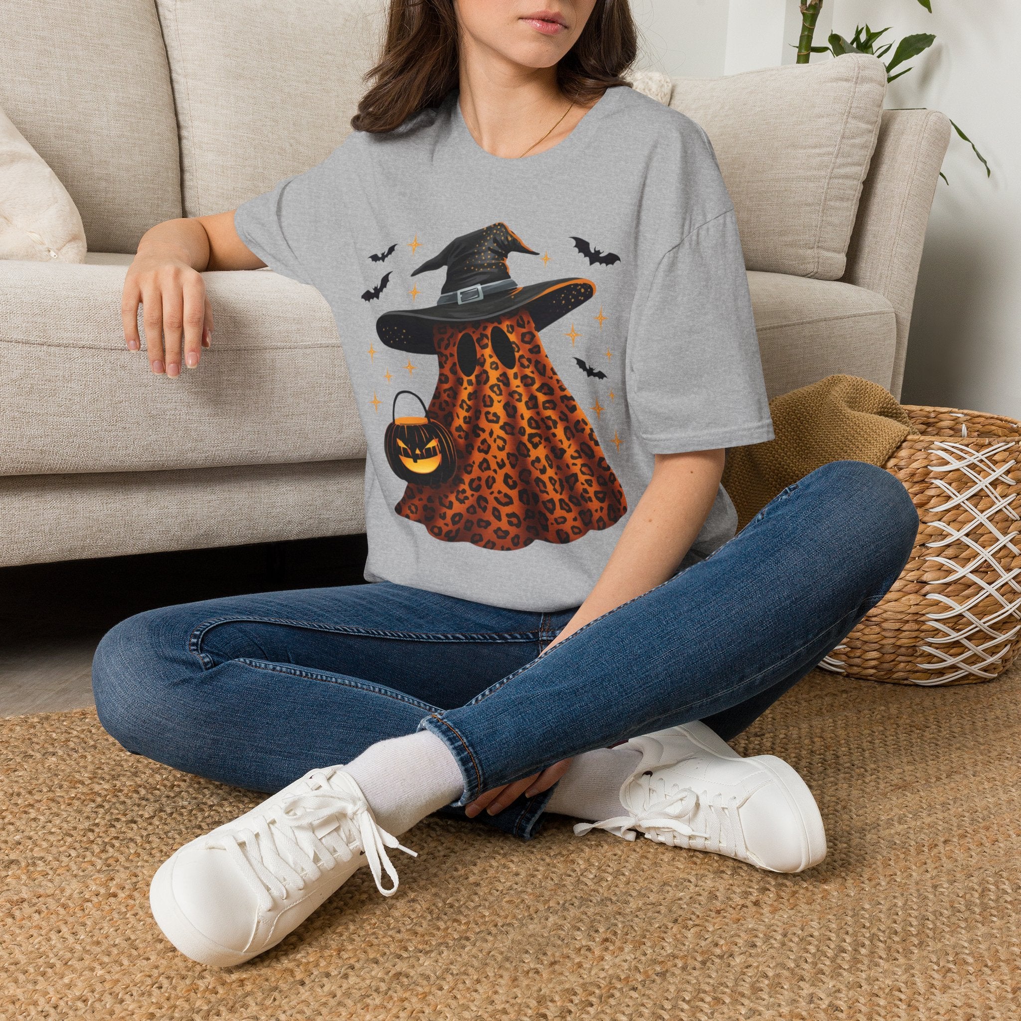 Halloween Leopard Ghost T-Shirt — Witch Hat & Bats Graphic