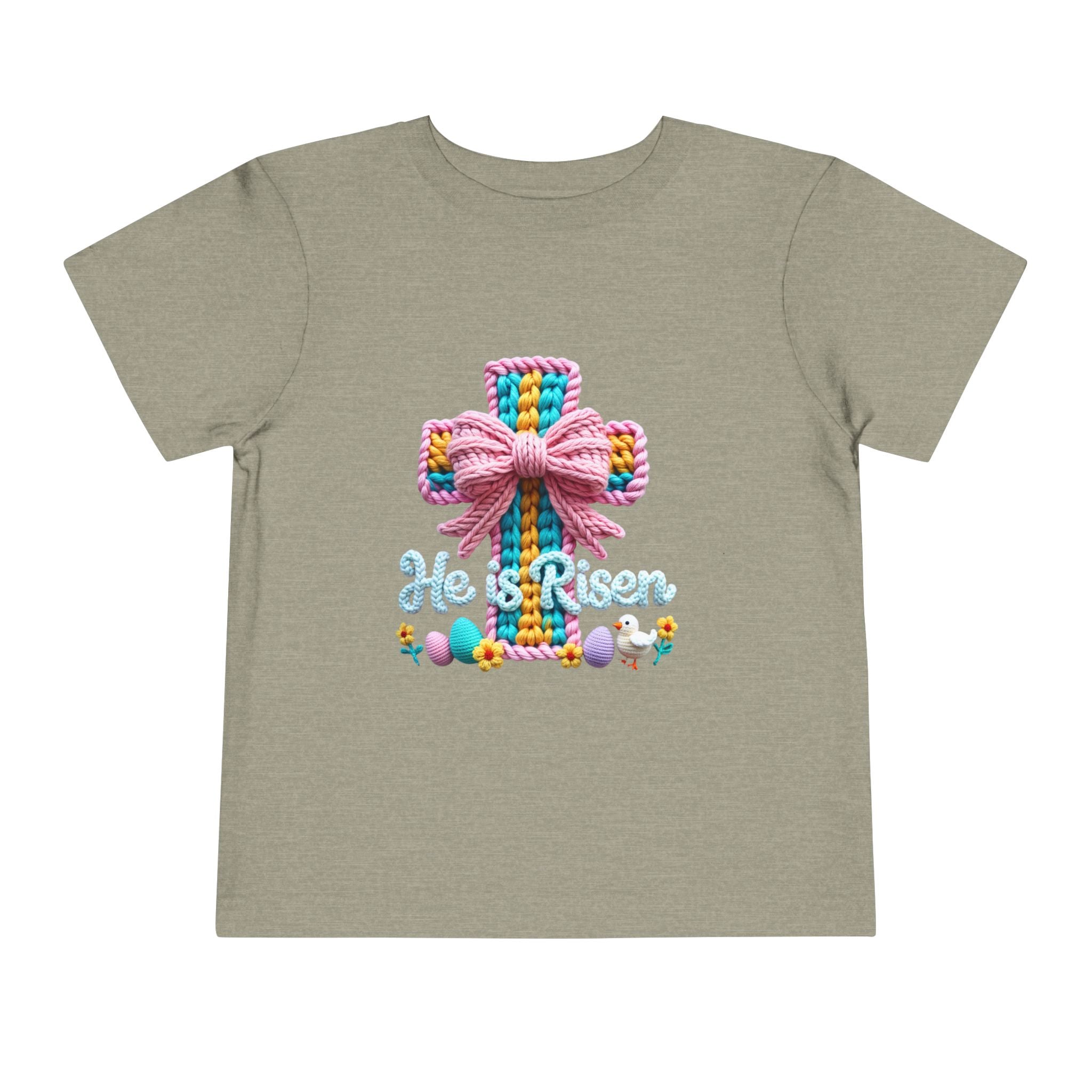 Easter Cross Toddler Tee — Colorful Knit Cross with "He is Risen" & Easter Eggs