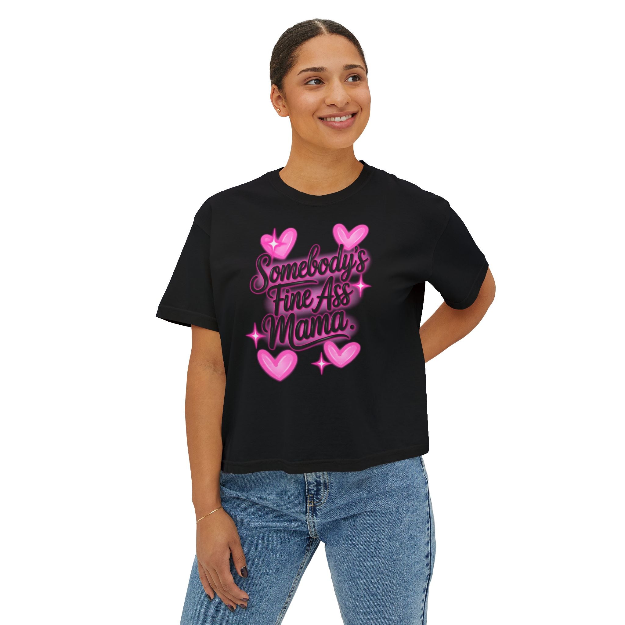 Somebody's Fine Ass Mama Boxy Tee — Cute Pink Heart Mom Graphic Shirt