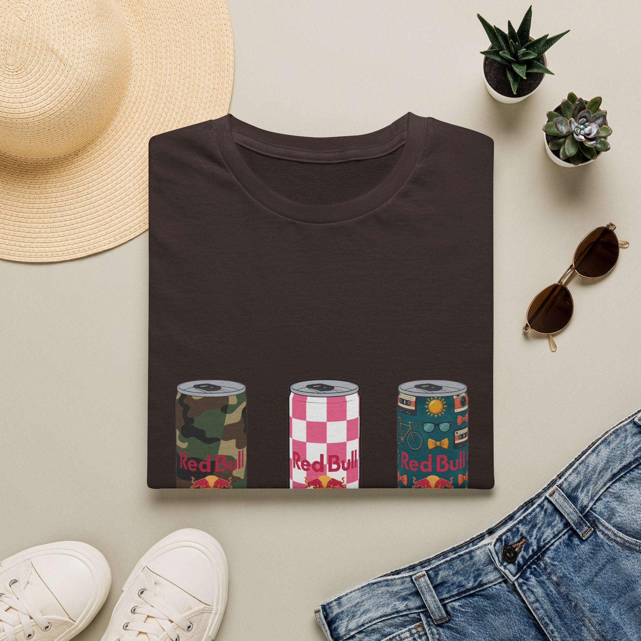 Energy Drink Can Trio T-Shirt — Camouflage, Checker & Floral Cans
