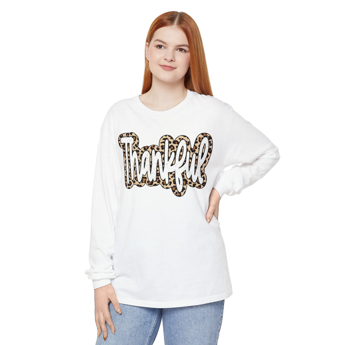 Thankful Leopard Print Long Sleeve T-Shirt | Thanksgiving Fall
