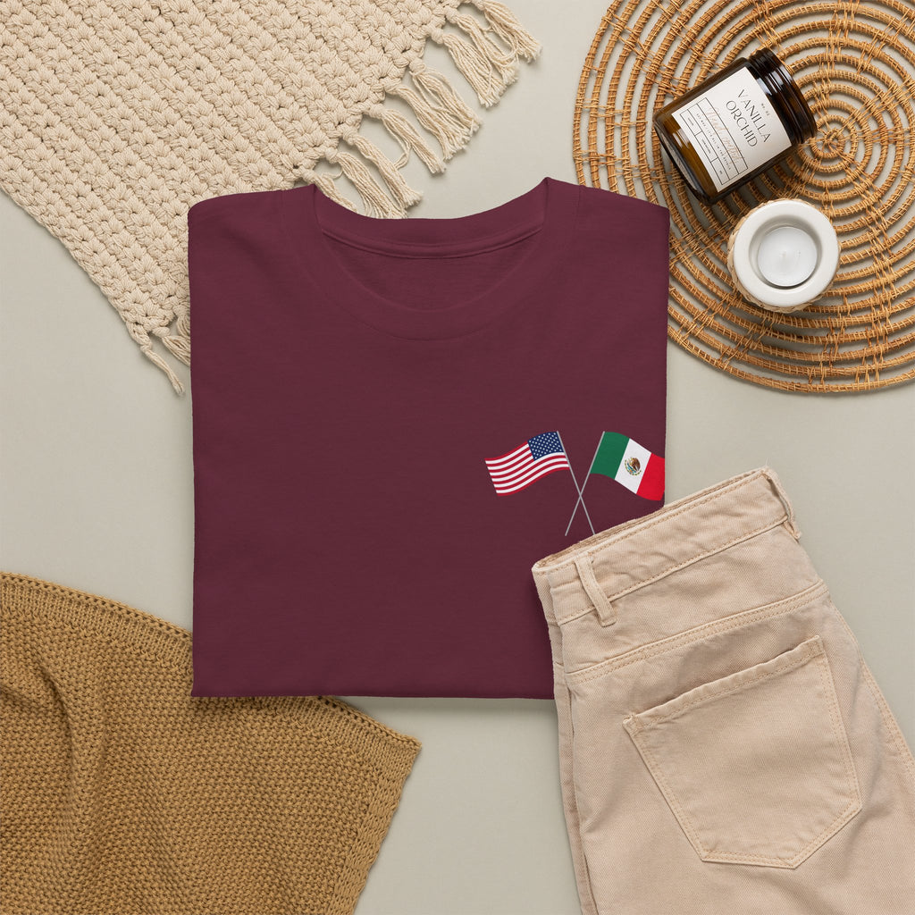 American & Italian Flag Tee with Vintage Rose Back — Patriotic Floral T-Shirt