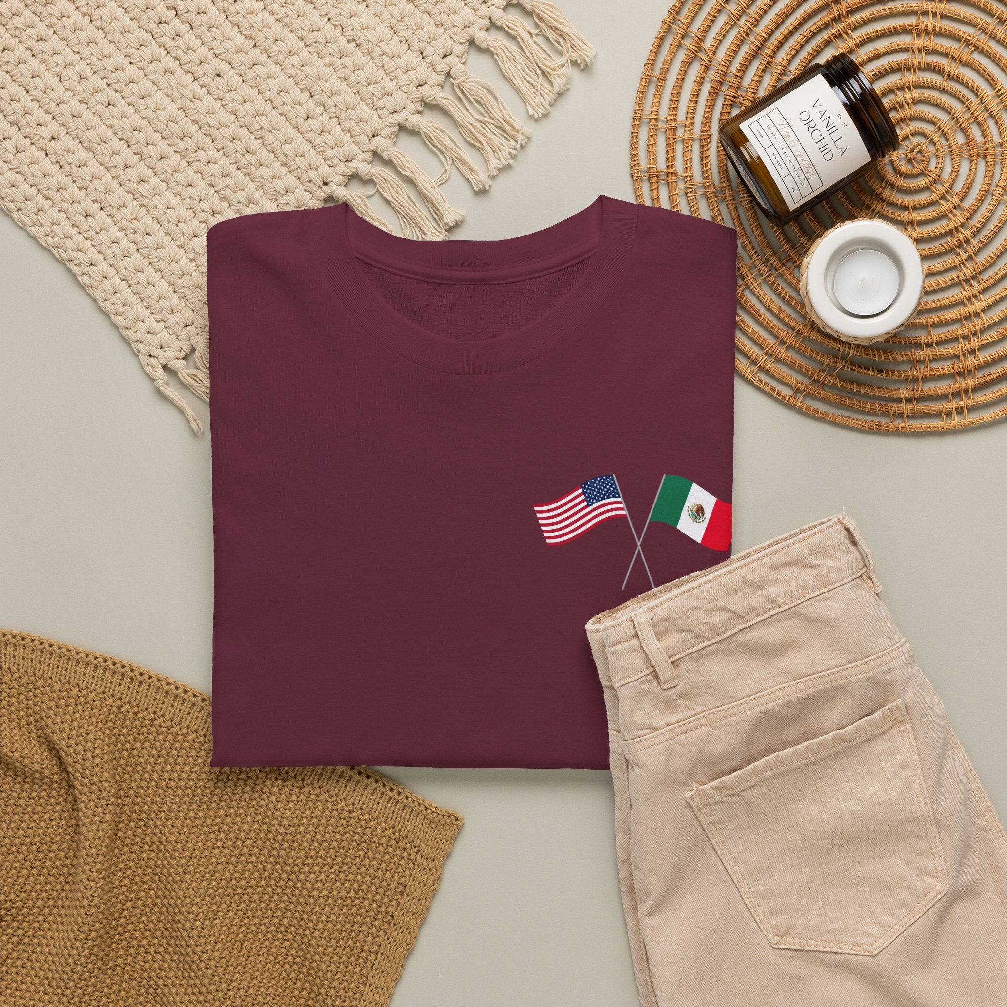American & Italian Flag Tee with Vintage Rose Back — Patriotic Floral T-Shirt