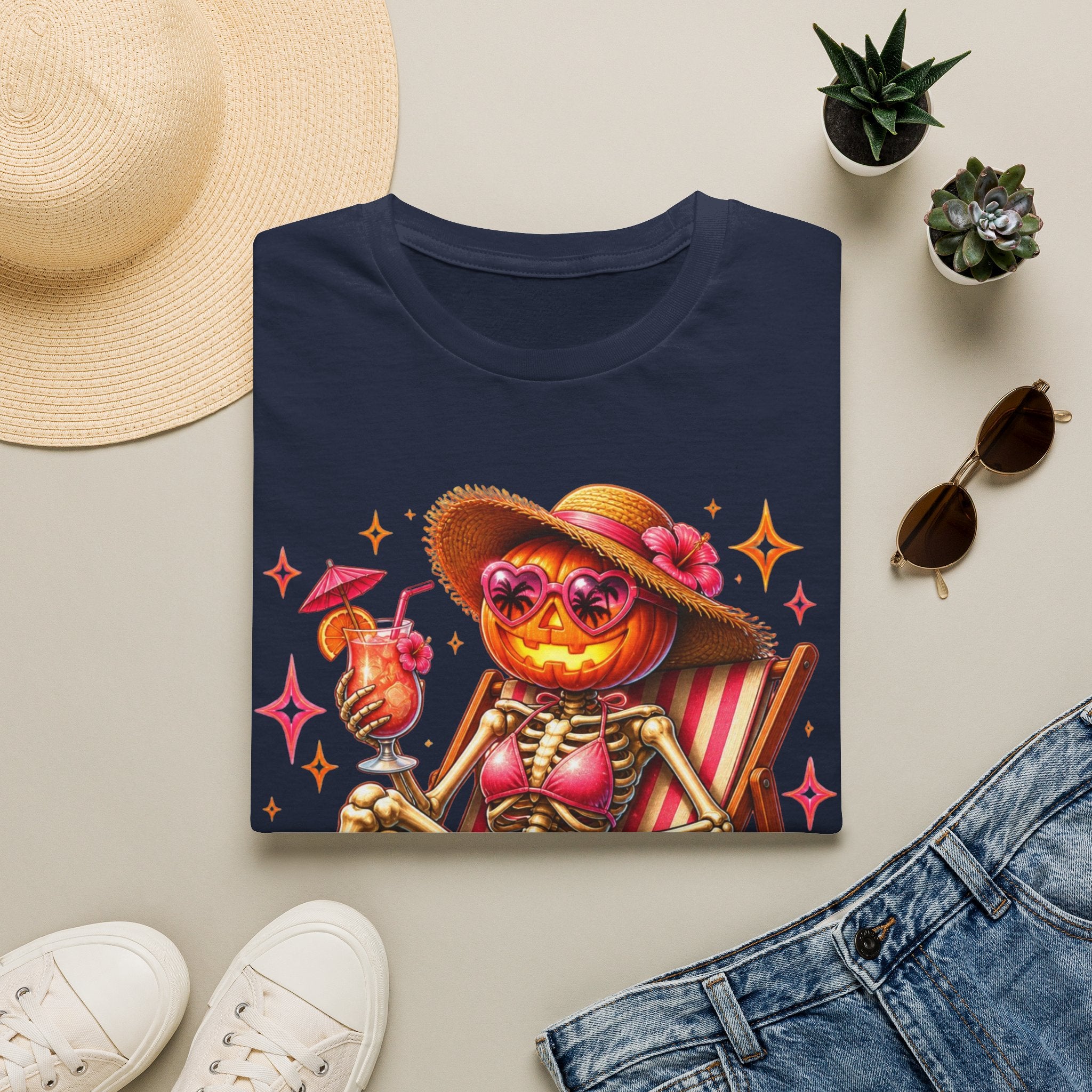 Summerween Vibes T-Shirt — Pumpkin Skeleton Beach Tee