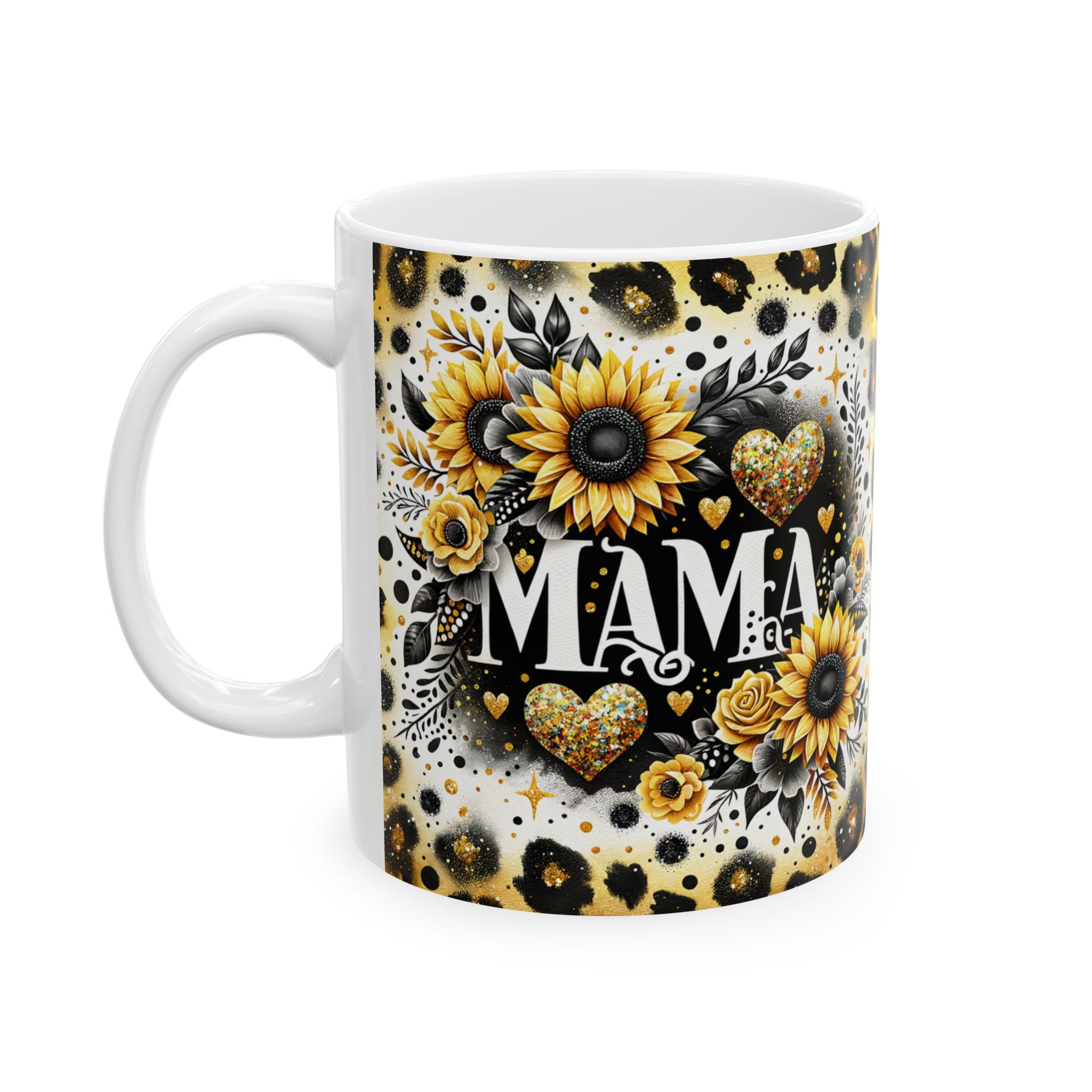 Sunflower Leopard 'Mama' Ceramic Mug — Floral Animal Print Coffee Cup (11oz & 15oz)
