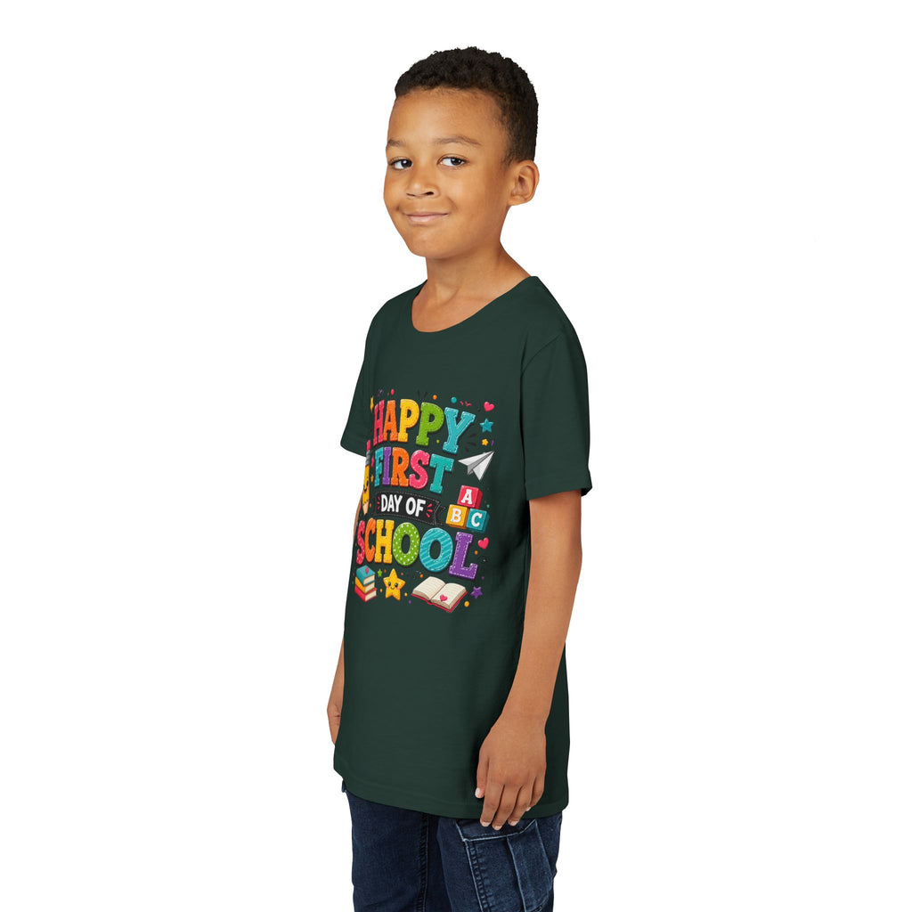 Youth Tee — "Happy First Day of School" Back-to-School Graphic Shirt