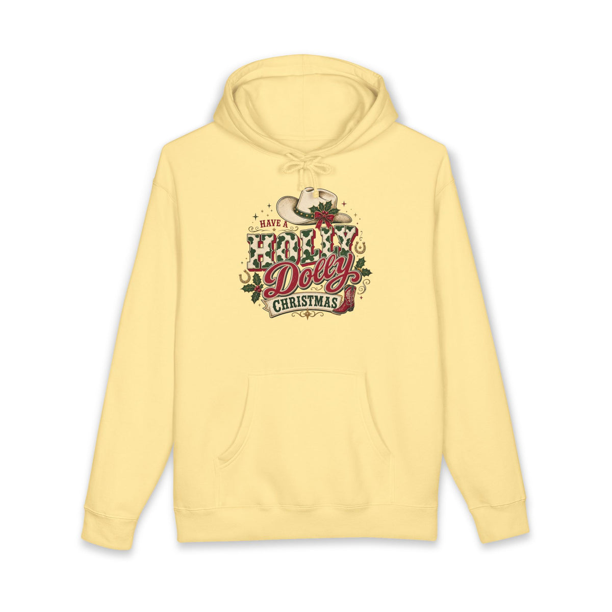 Christmas Cow Hoodie – Cute Highland Cow with Festive Lights & 'Merry Dolly Christmas' Design